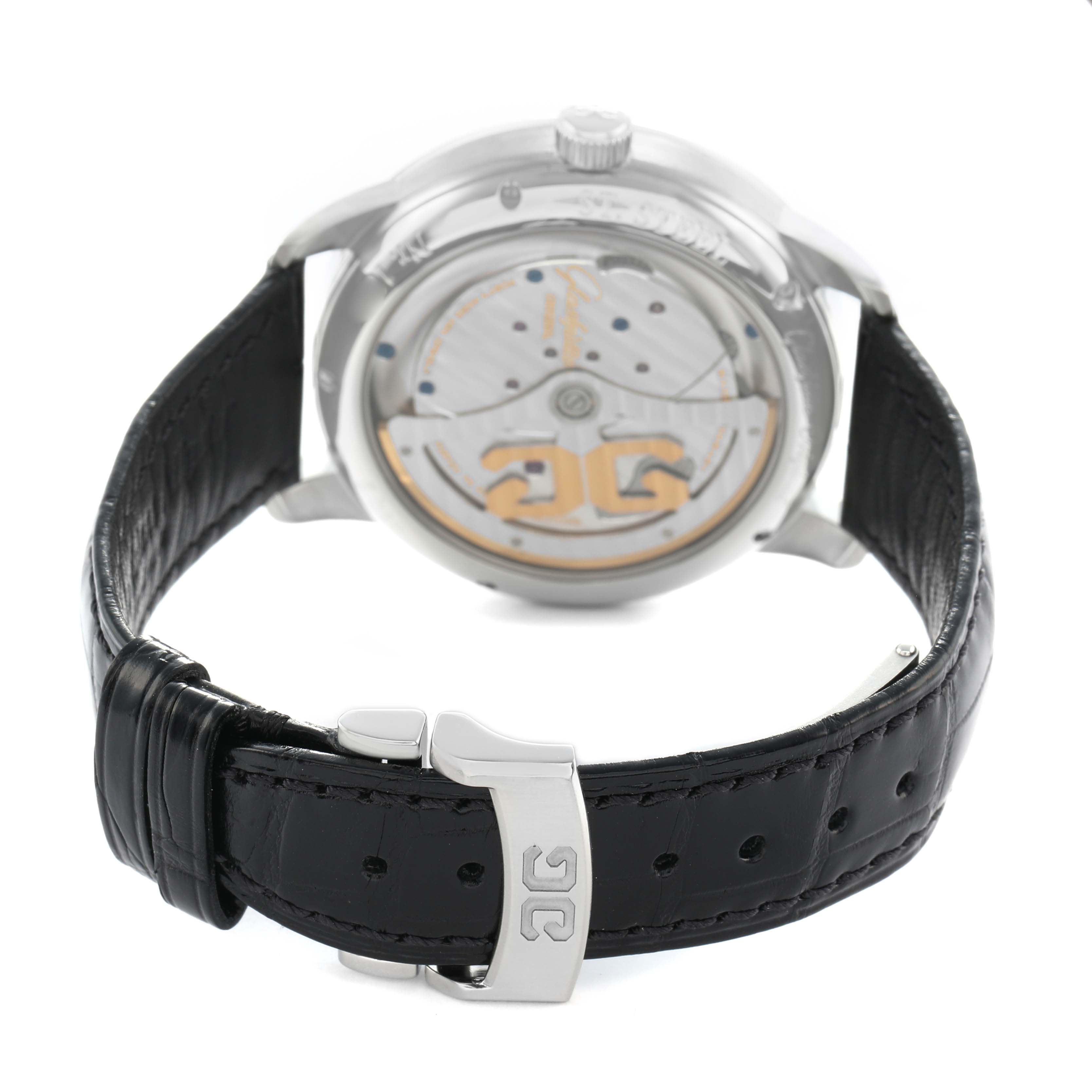 The image shows the back of the Glashütte Original watch, featuring the movement and black leather strap with a buckle.