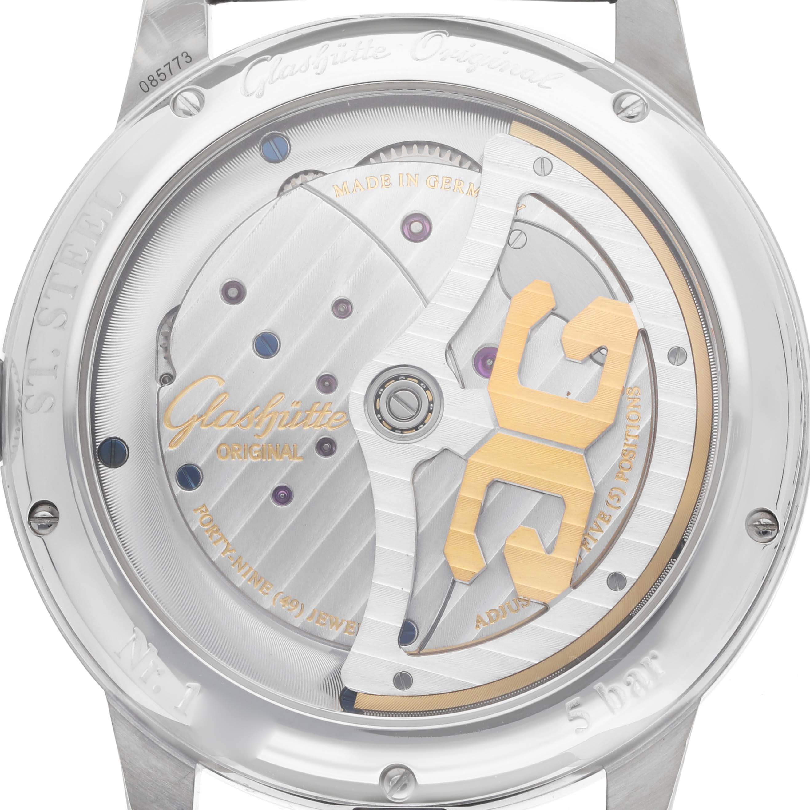 The image shows the back of a Glashütte Original watch, highlighting its movement and rotor design.