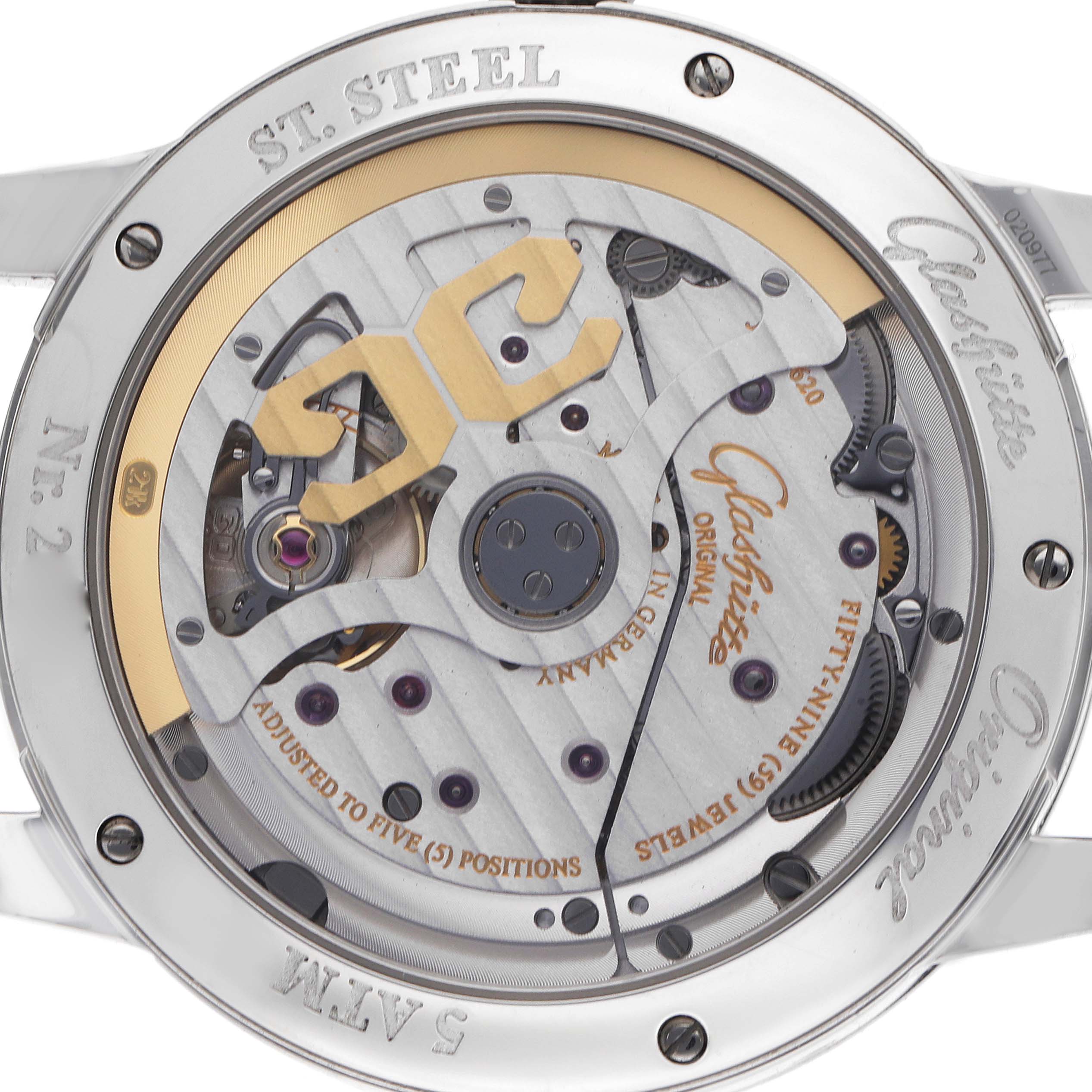 The image shows the caseback of a Glashütte Senator model, displaying the intricate mechanical movement.