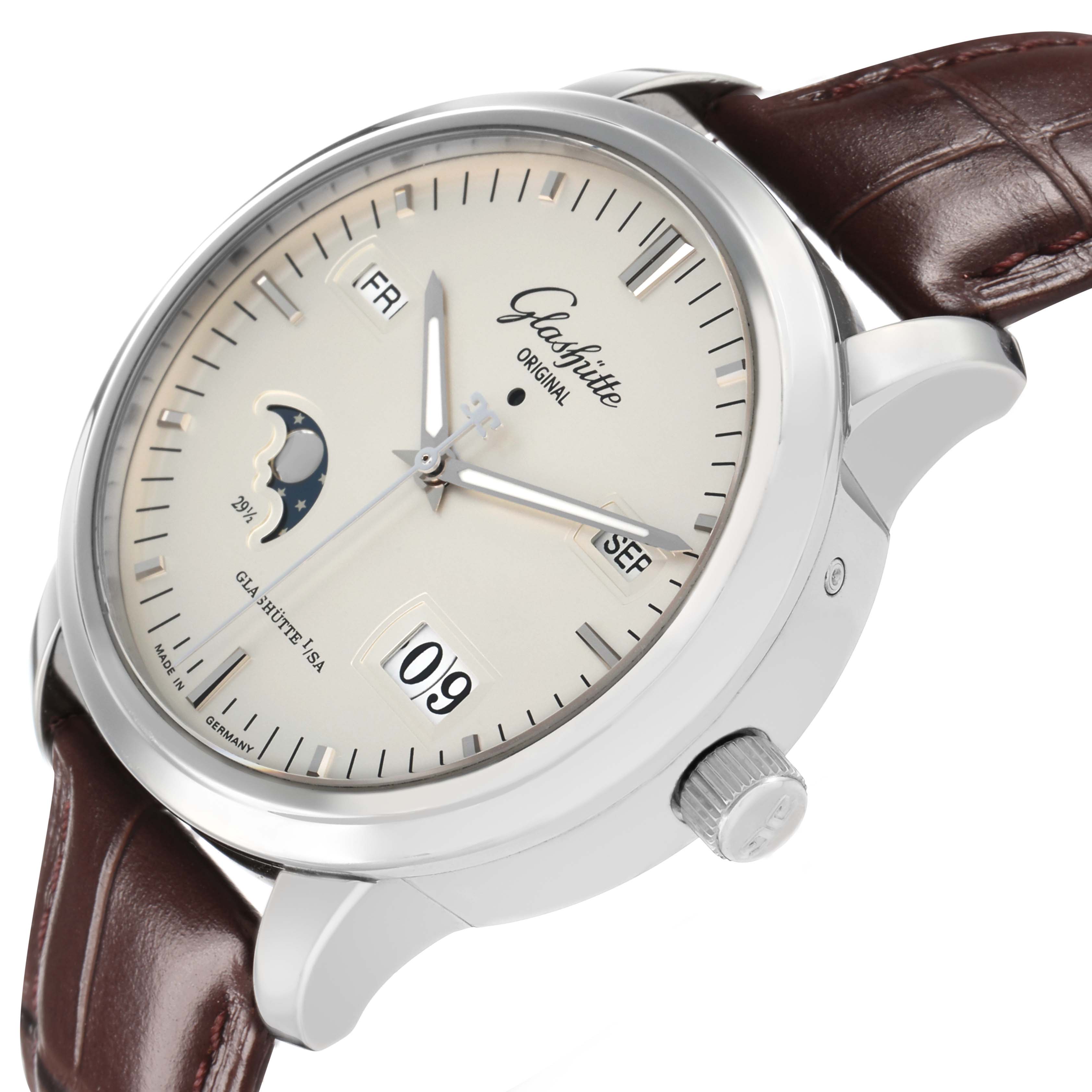 The Glashütte Senator watch is shown at an angled view, highlighting the face, crown, and part of the leather strap.