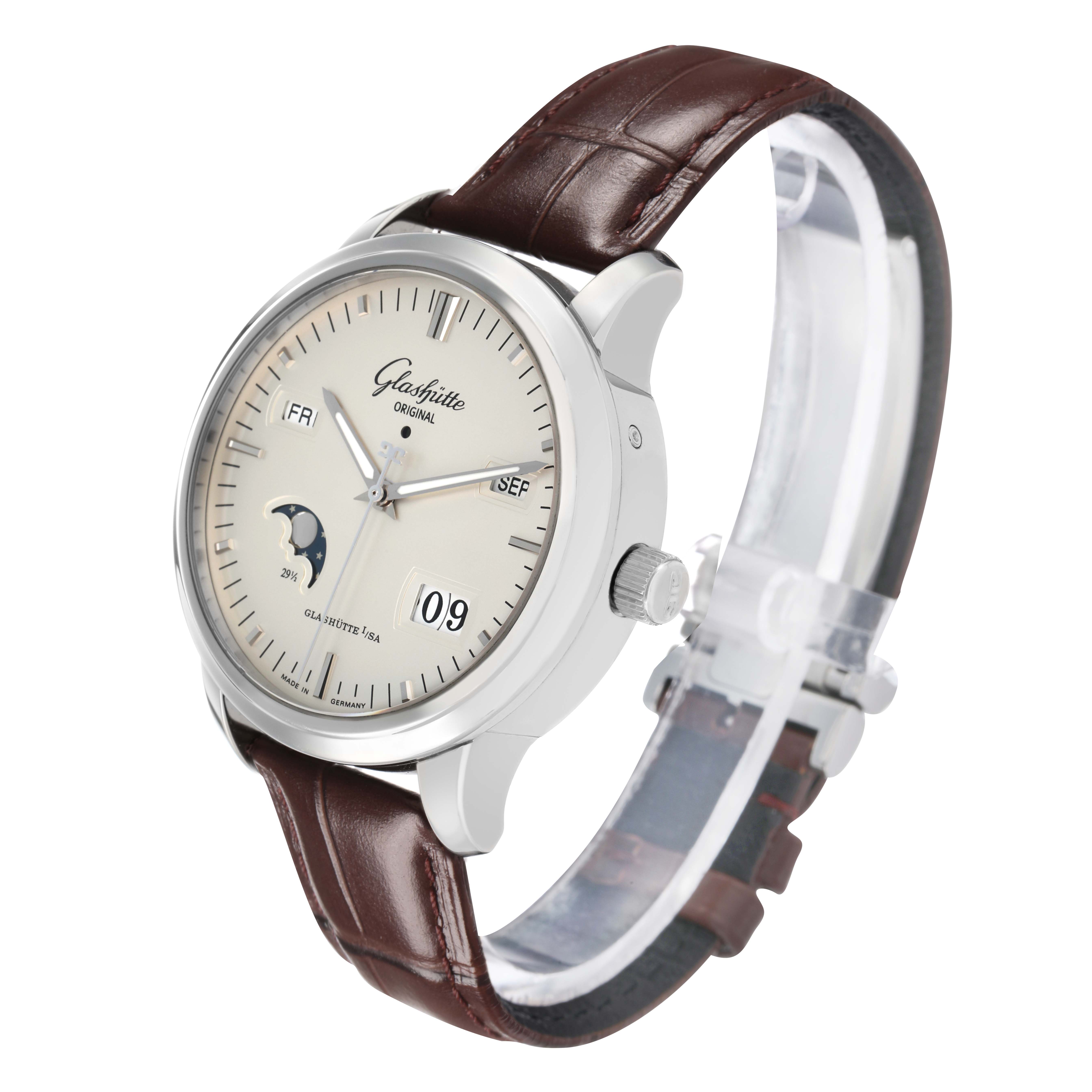 The Glashütte Senator watch is shown at an angle highlighting the dial, side profile, crown, and leather strap.