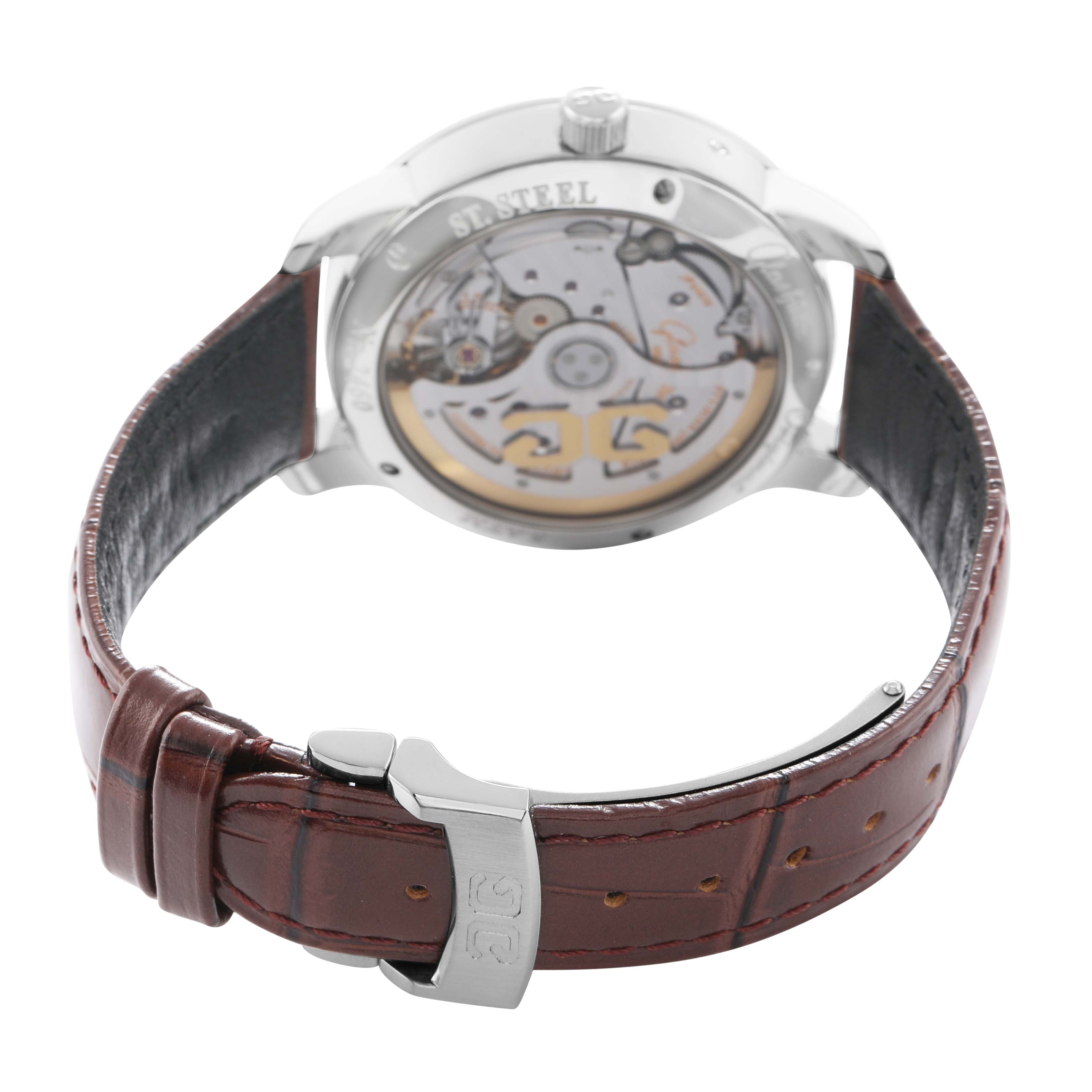 The image shows the back view of the Glashütte Senator watch, highlighting its movement and stainless steel case.