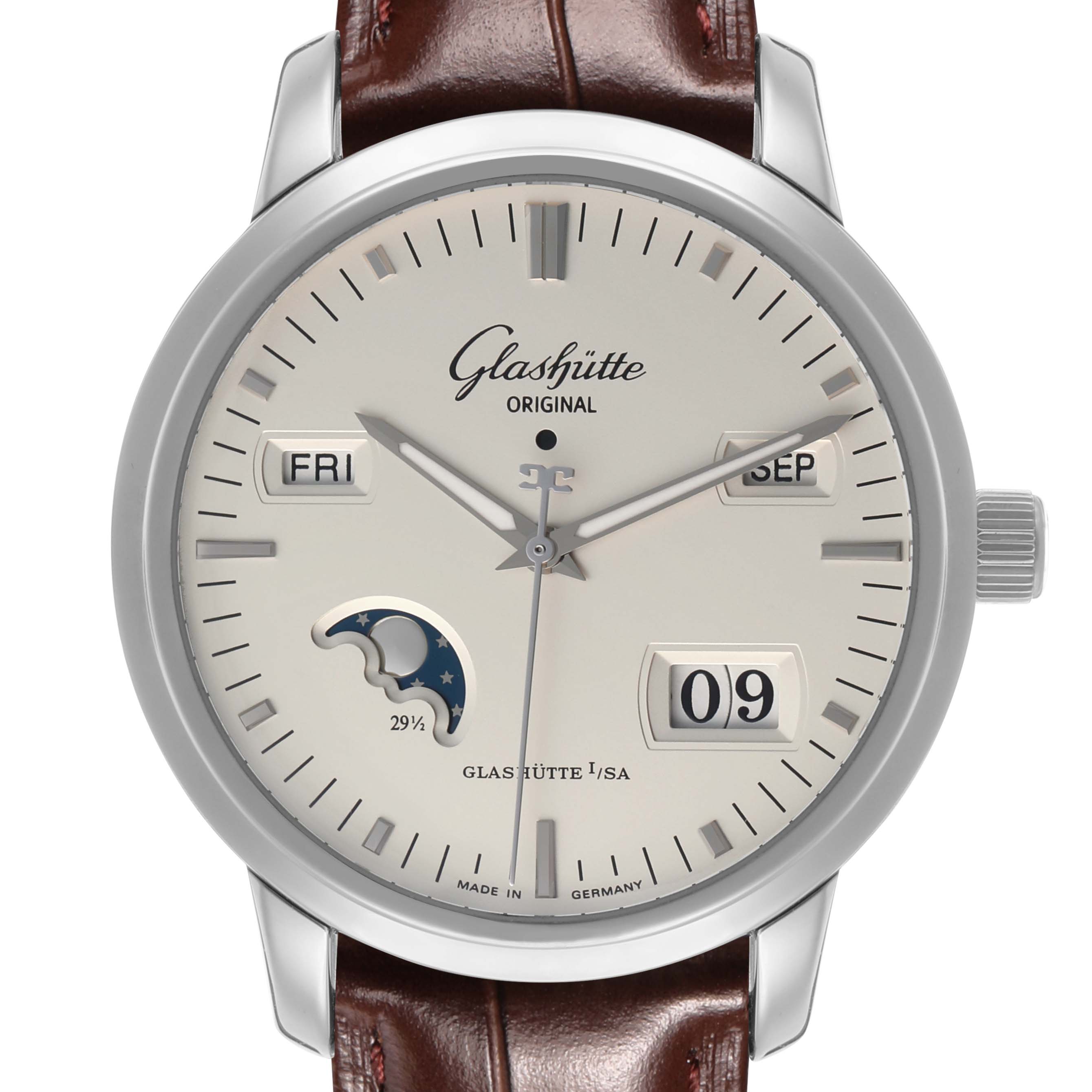 The Glashütte Senator watch is shown from the front, displaying the dial, hands, moon phase, date, and day.