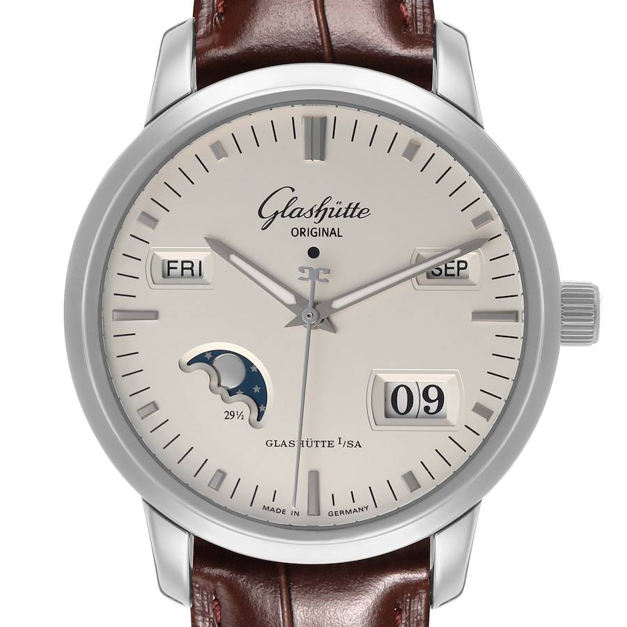 The Glashütte Senator watch is shown from the front, displaying the dial, hands, moon phase, date, and day.