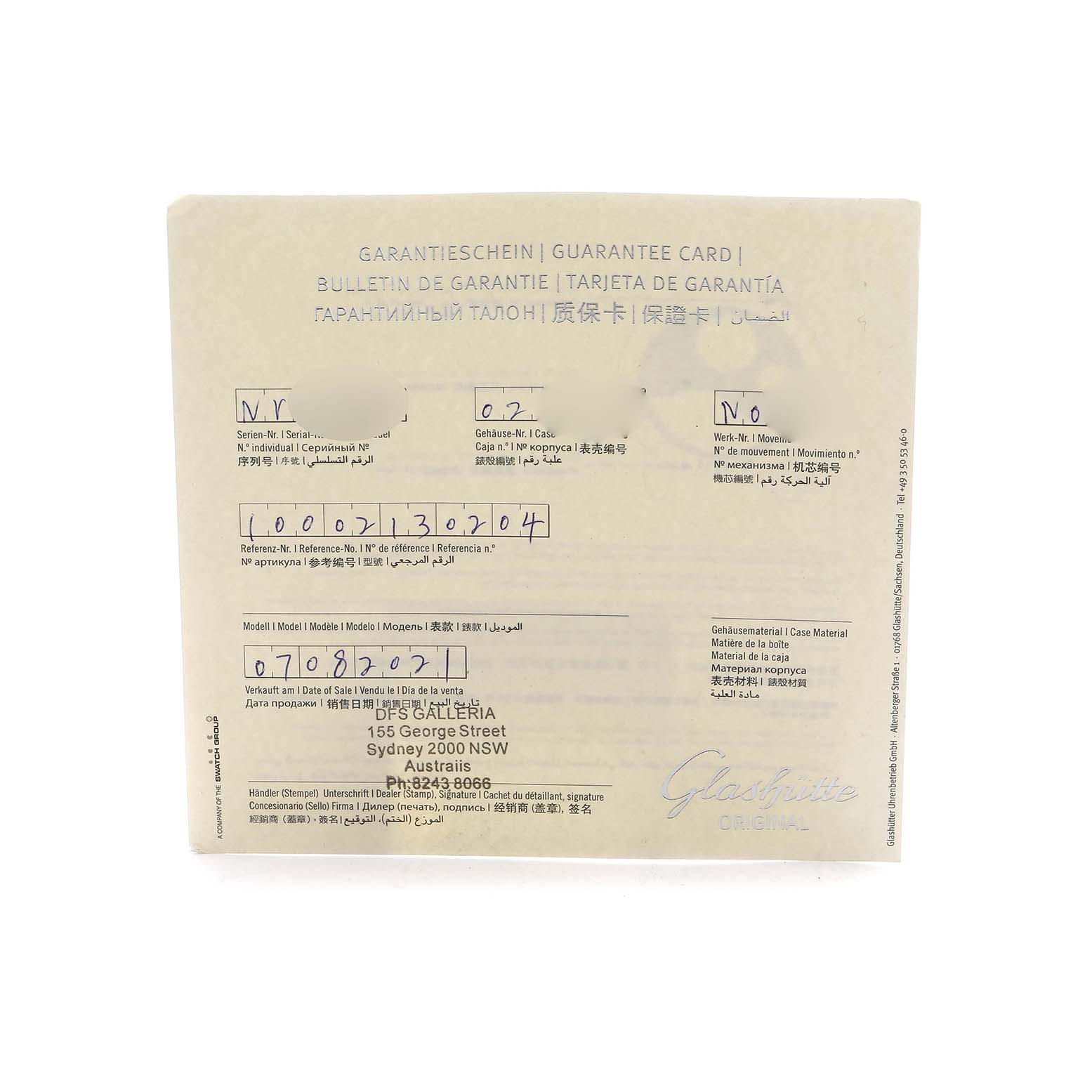 The image shows the guarantee card for the Glashutte Senator 100-06-13-02-04 Men's Stainless Steel Silver Dial model, viewed from the front.
