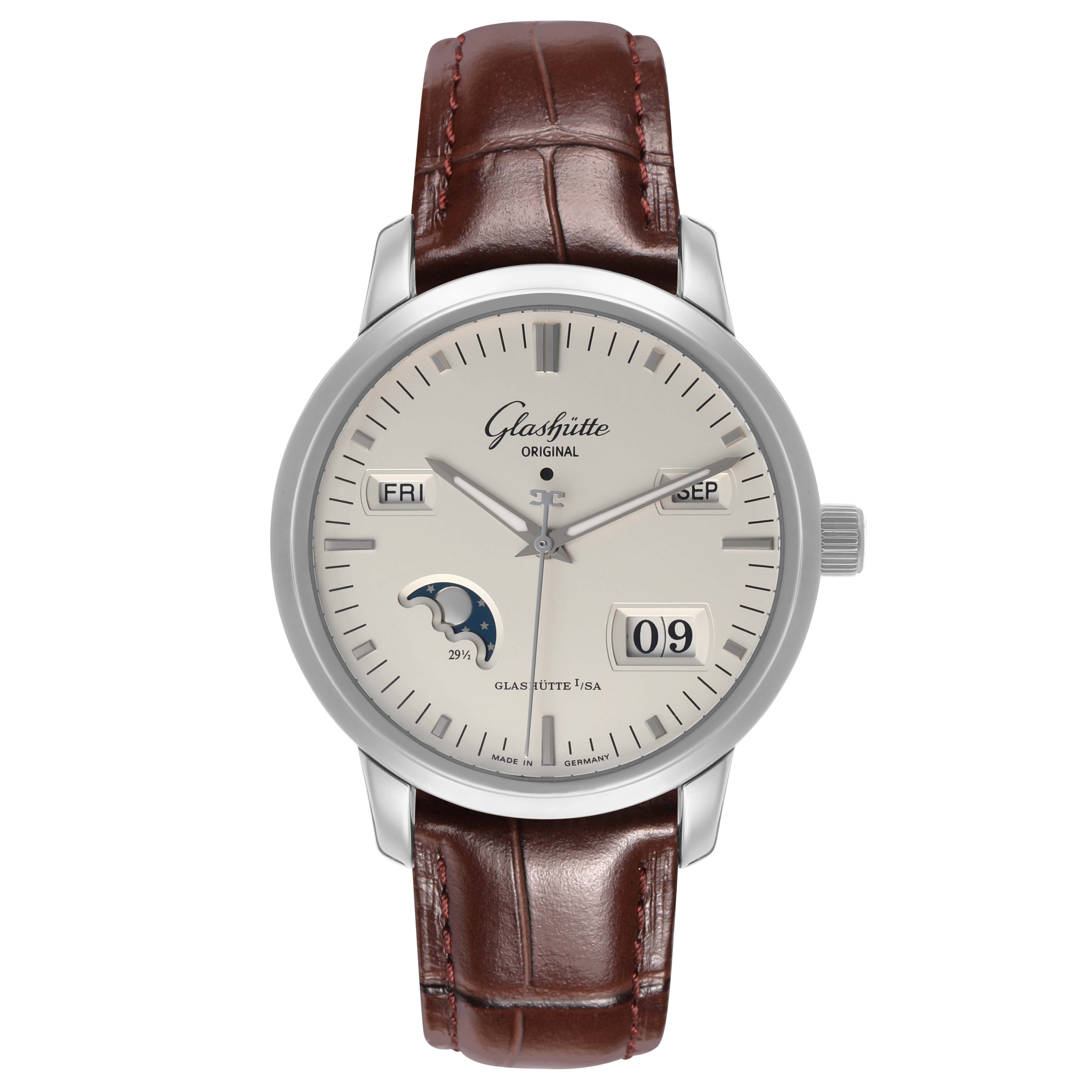 The image shows a front view of the Glashütte Senator watch, highlighting the dial, hands, date, and moon phase complications.