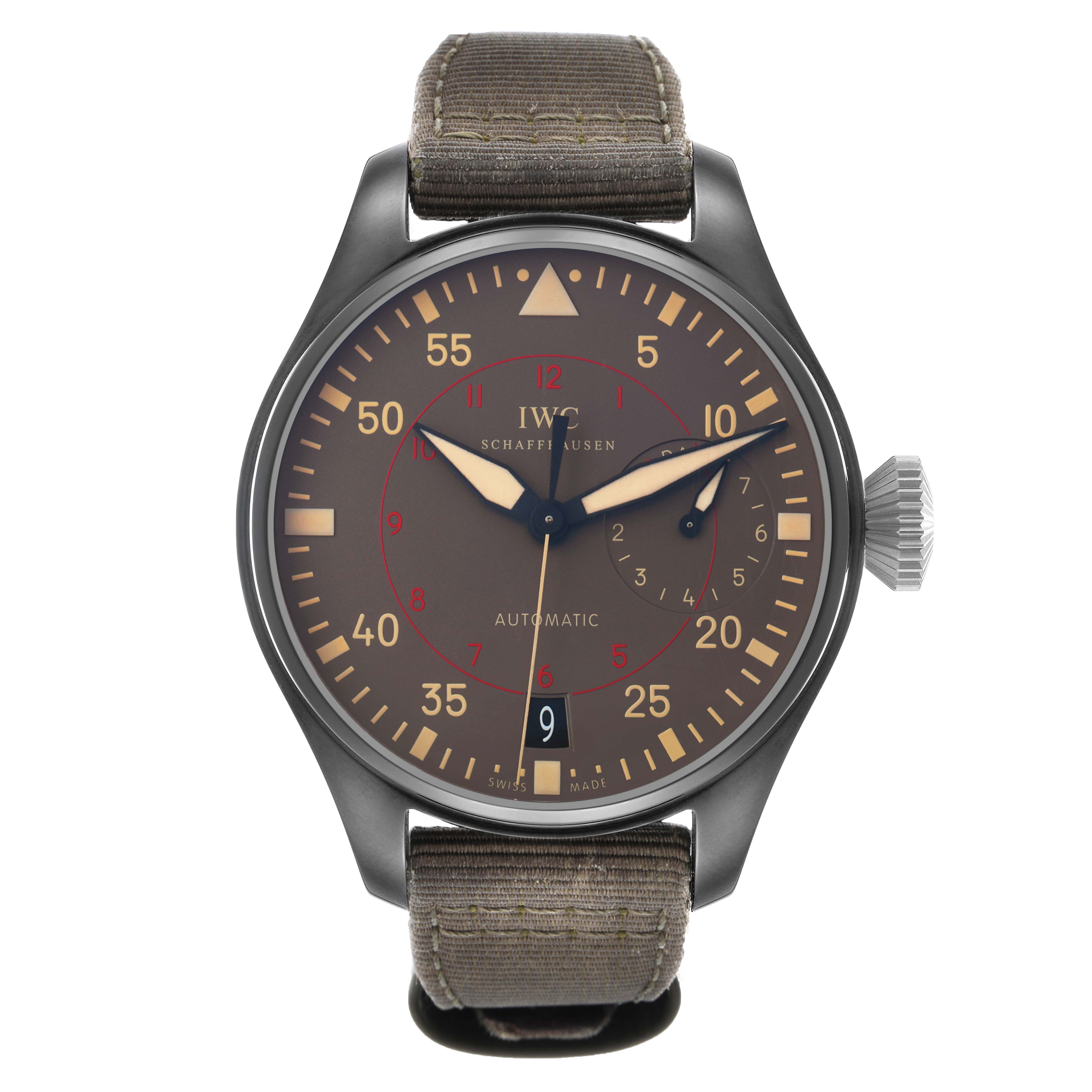 The IWC Pilot IW501902 Men's Ceramic Grey Dial model is shown from the front, displaying the dial, hands, date window, and strap.