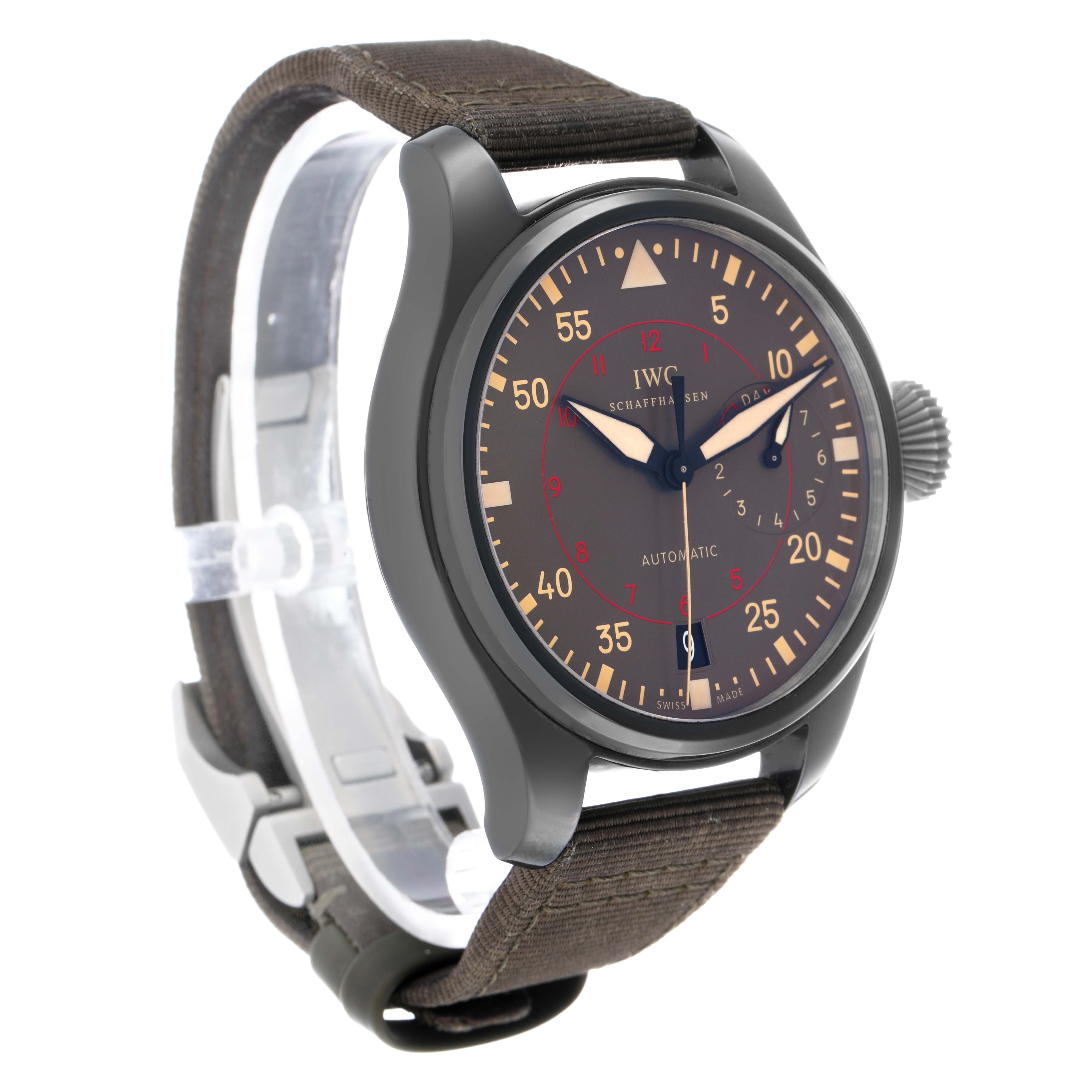 The IWC Pilot IW501902 Men's Ceramic Grey Dial watch is shown at a slight angle, highlighting its face, case, crown, and fabric strap.