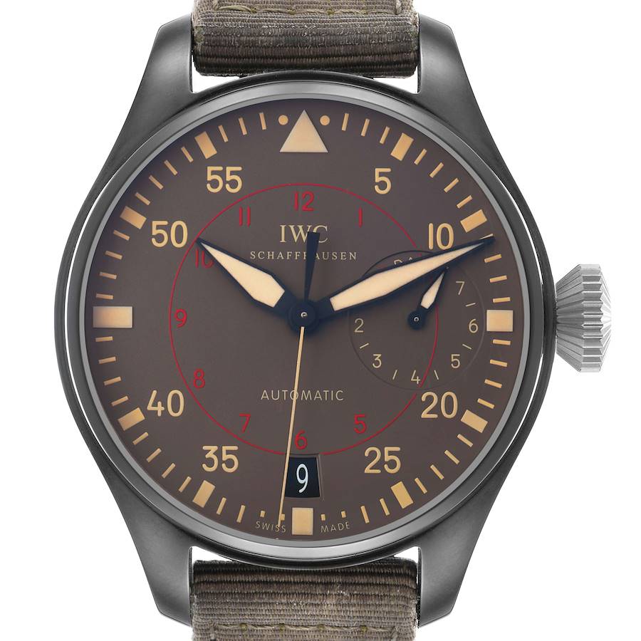 The IWC Pilot IW501902 Men's Ceramic Grey Dial watch model is shown from a front view, highlighting the dial, hands, and crown.