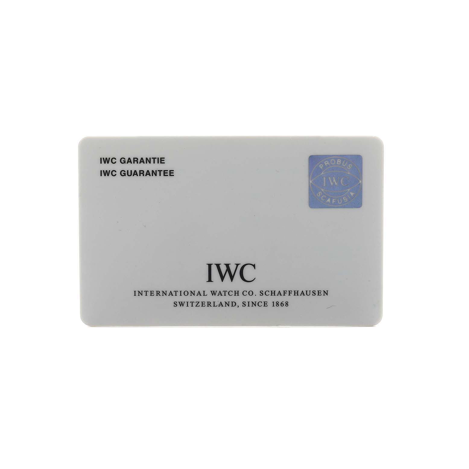 The image shows an IWC guarantee card for the IWC Pilot IW501902 Men's Ceramic Grey Dial model watch, showcasing branding and warranty information.