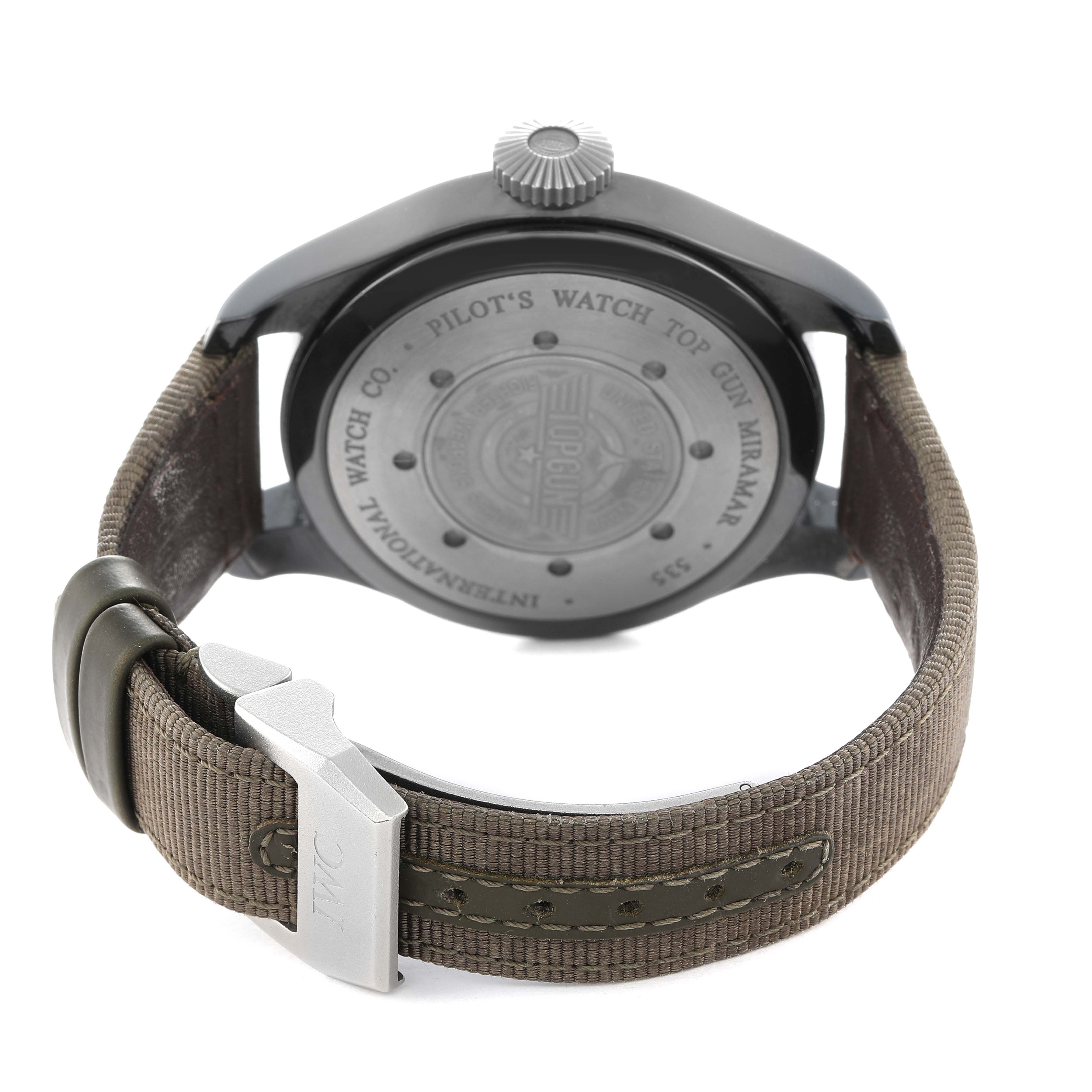 The image shows the back case and strap of an IWC Pilot IW501902 Men's Ceramic Grey Dial model, featuring the engraved back and clasp.