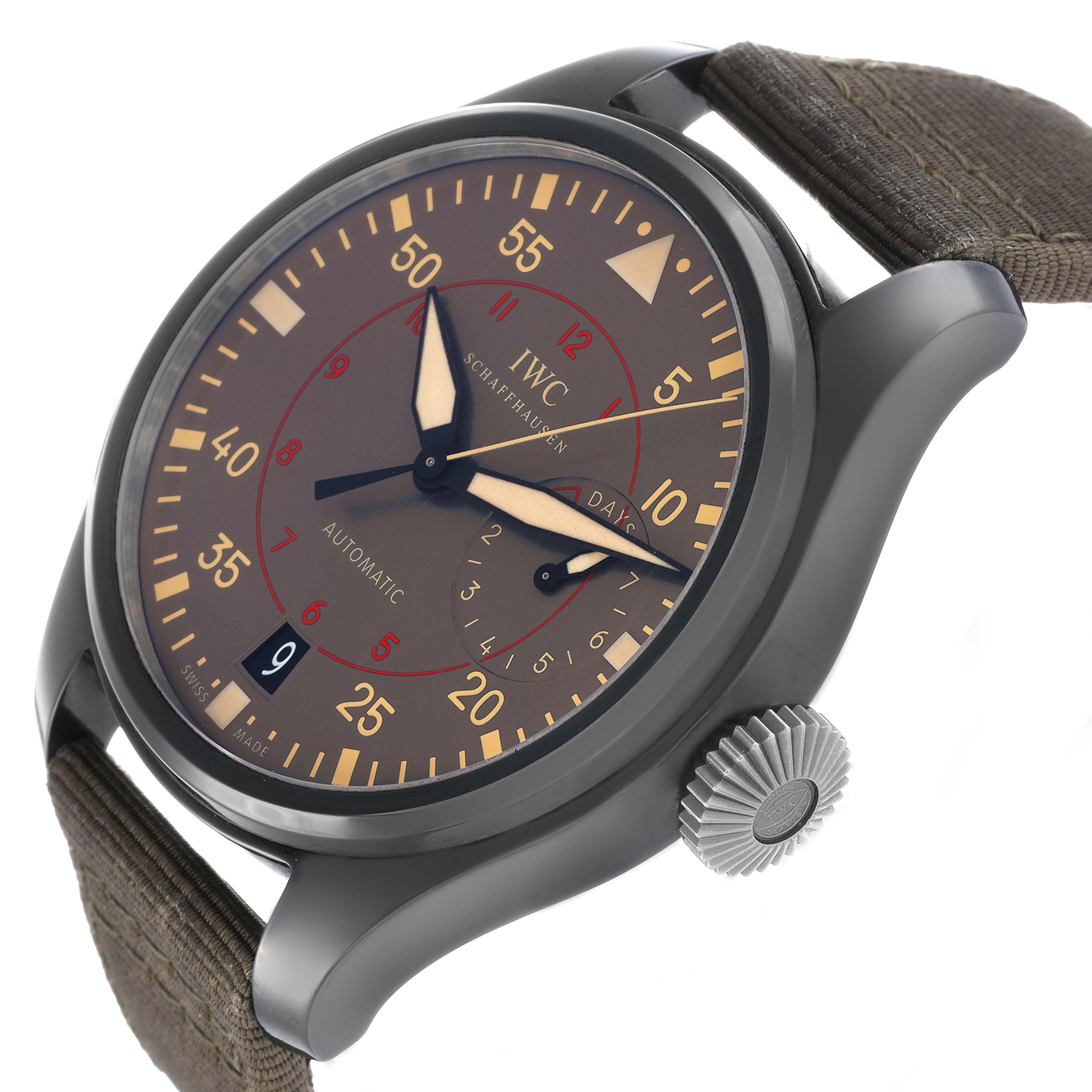 The IWC Pilot IW501902 Men's Ceramic Grey Dial model watch is shown at a slight angle, displaying the face, crown, and part of the strap.