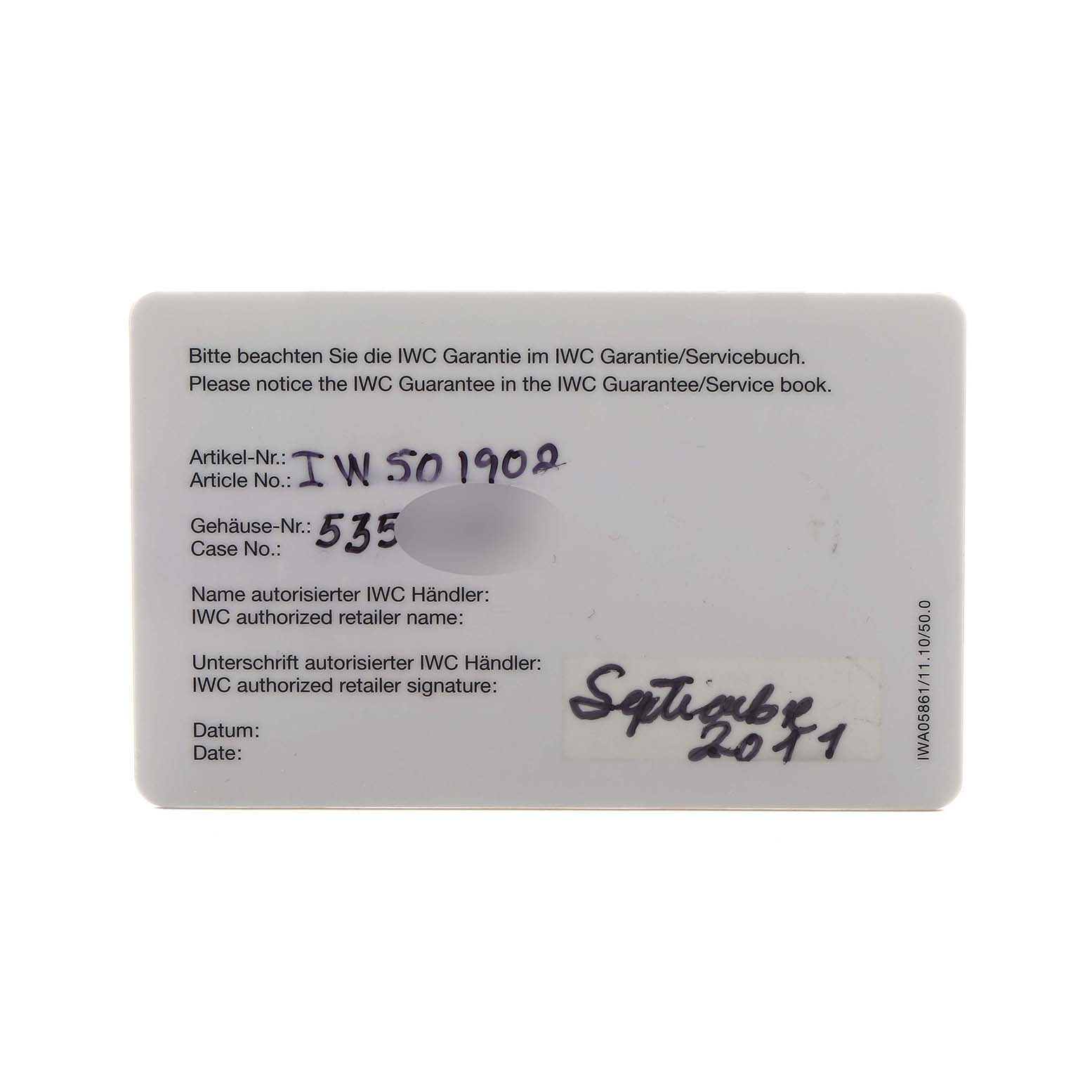 The image shows an IWC Pilot IW501902 Men's Ceramic Grey Dial watch warranty card with the model and case numbers written on it.