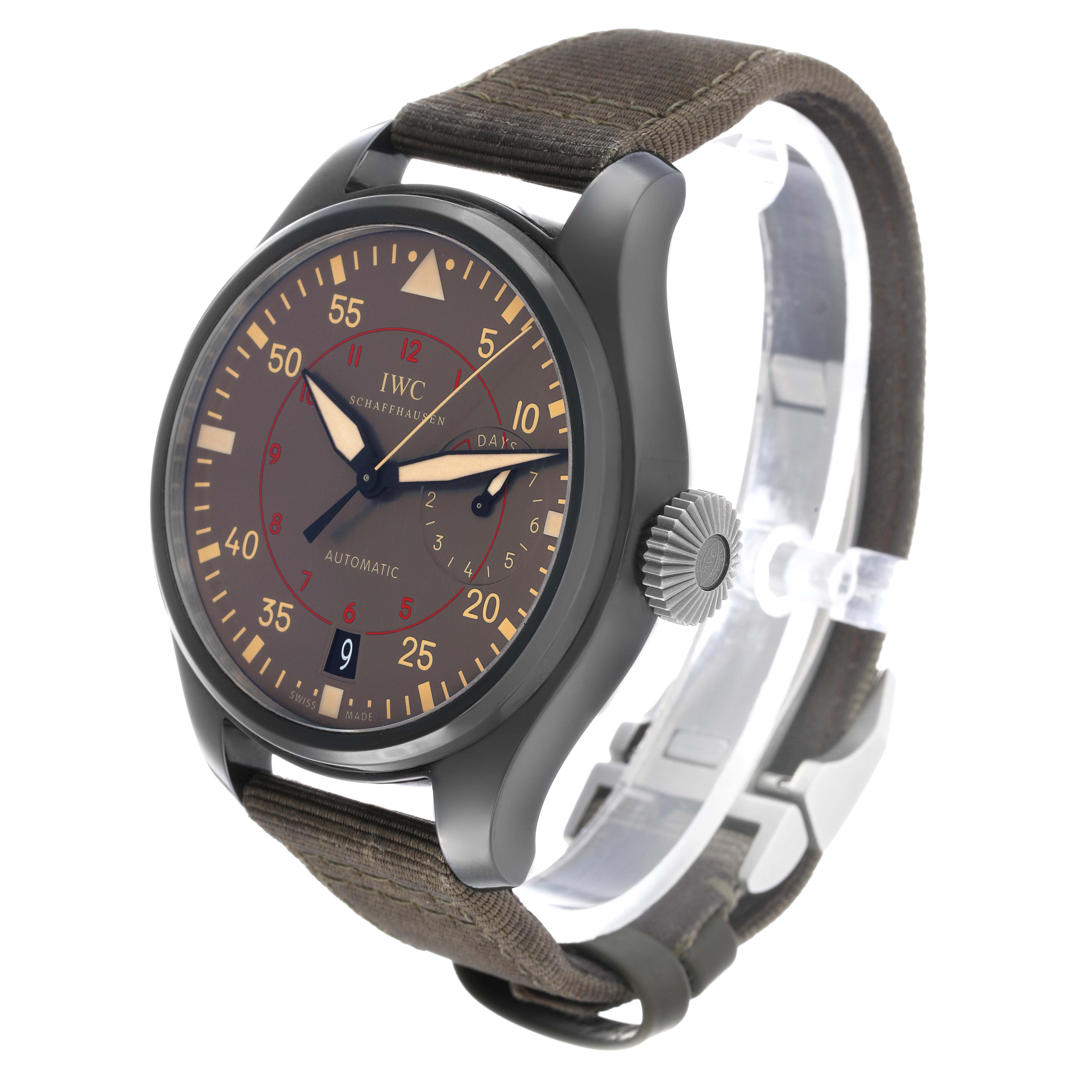 The IWC Pilot IW501902 Men's Ceramic Grey Dial watch is shown at a three-quarter view highlighting the face, crown, and strap.