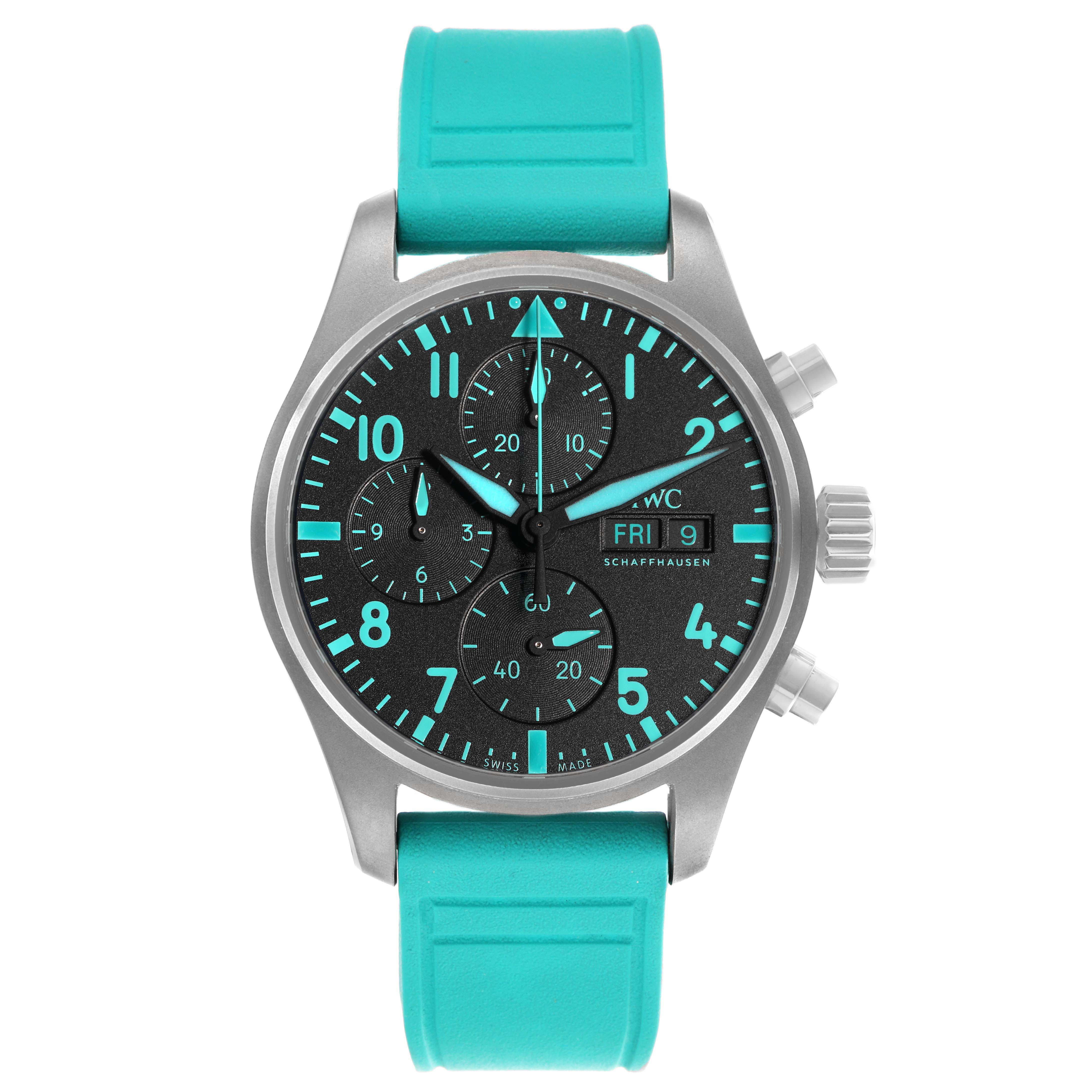 The IWC Pilot IW388108 Men's Titanium Black Dial model watch is shown from a front angle, displaying the face, hands, markings, chronograph sub-dials, and crown.