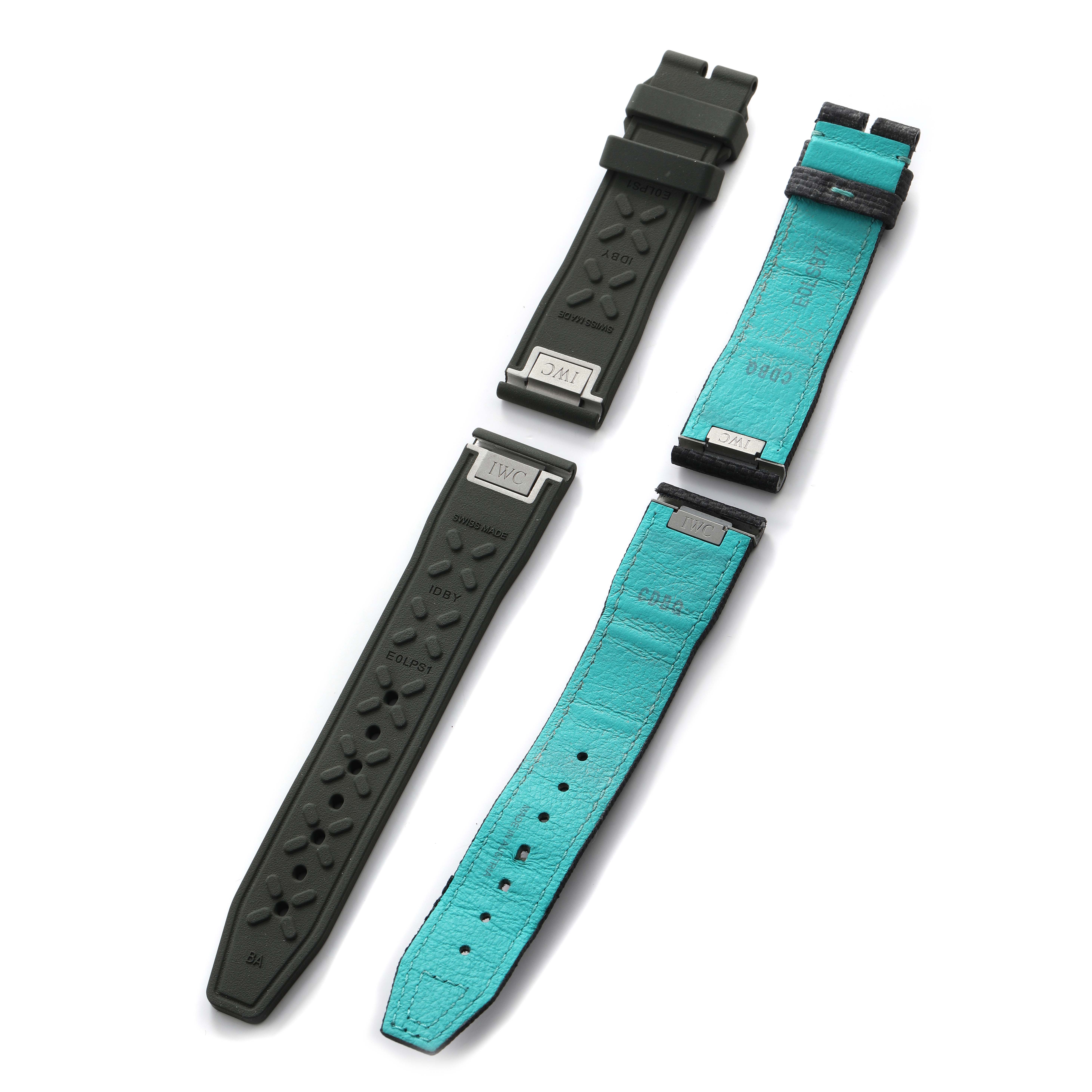 The image shows two strap sets for the IWC Pilot IW388108 Men's Titanium Black Dial watch, one in black and another in teal, with clasps visible.