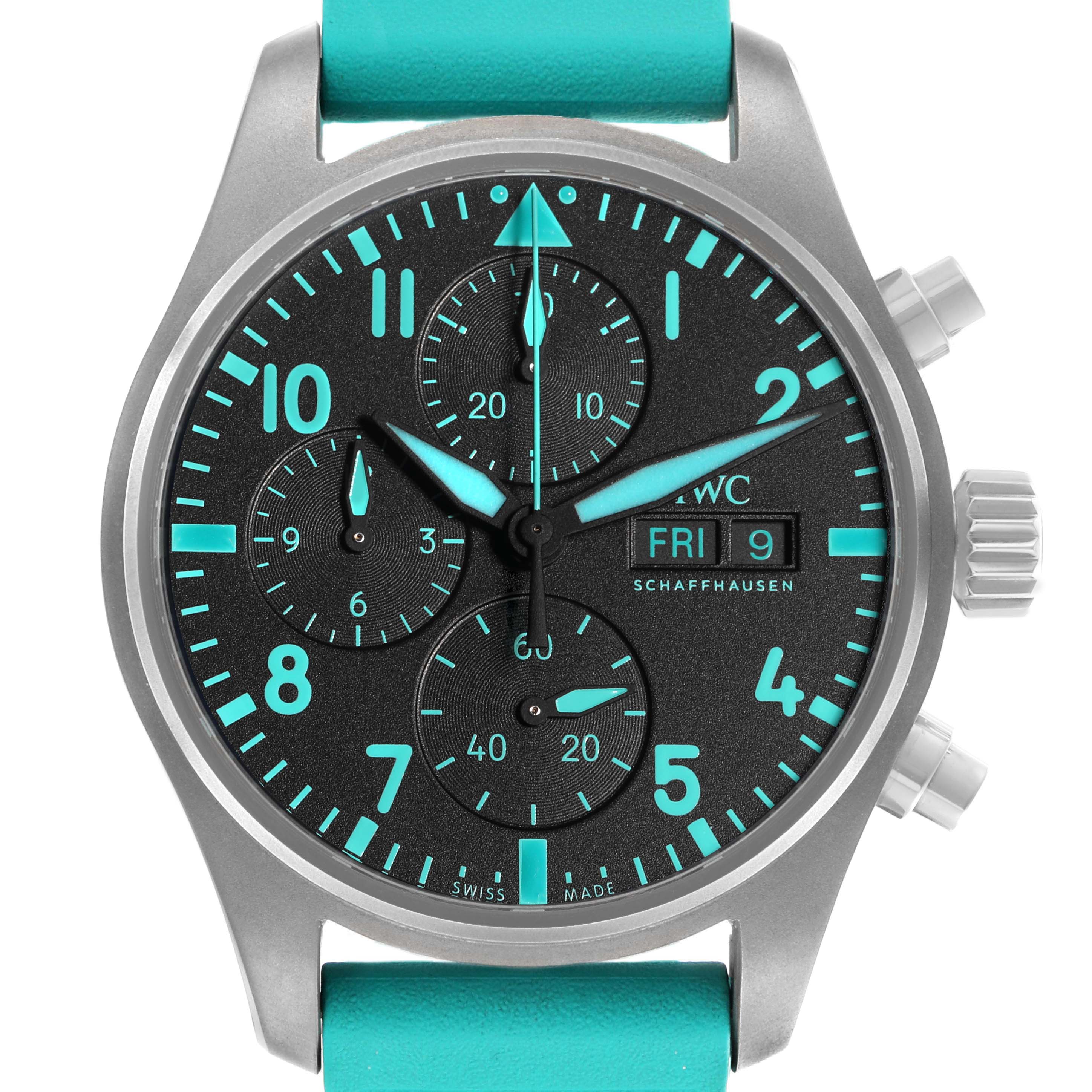 The IWC Pilot IW388108 Men's Titanium Black Dial model watch is shown from a front angle, displaying the dial, sub-dials, crown, and strap.