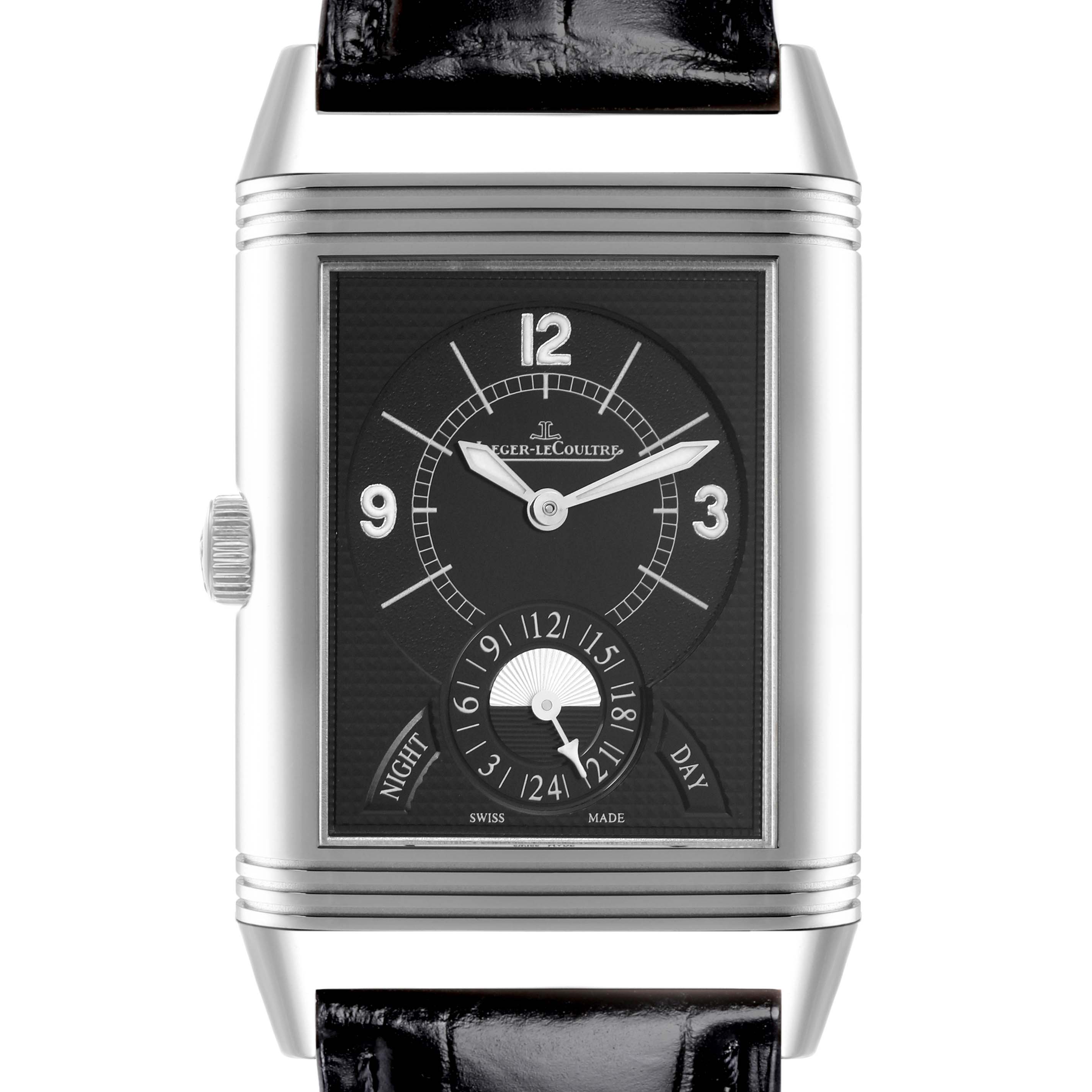 The Jaeger-LeCoultre Reverso watch is shown from the front, displaying the dial, hands, and crown.