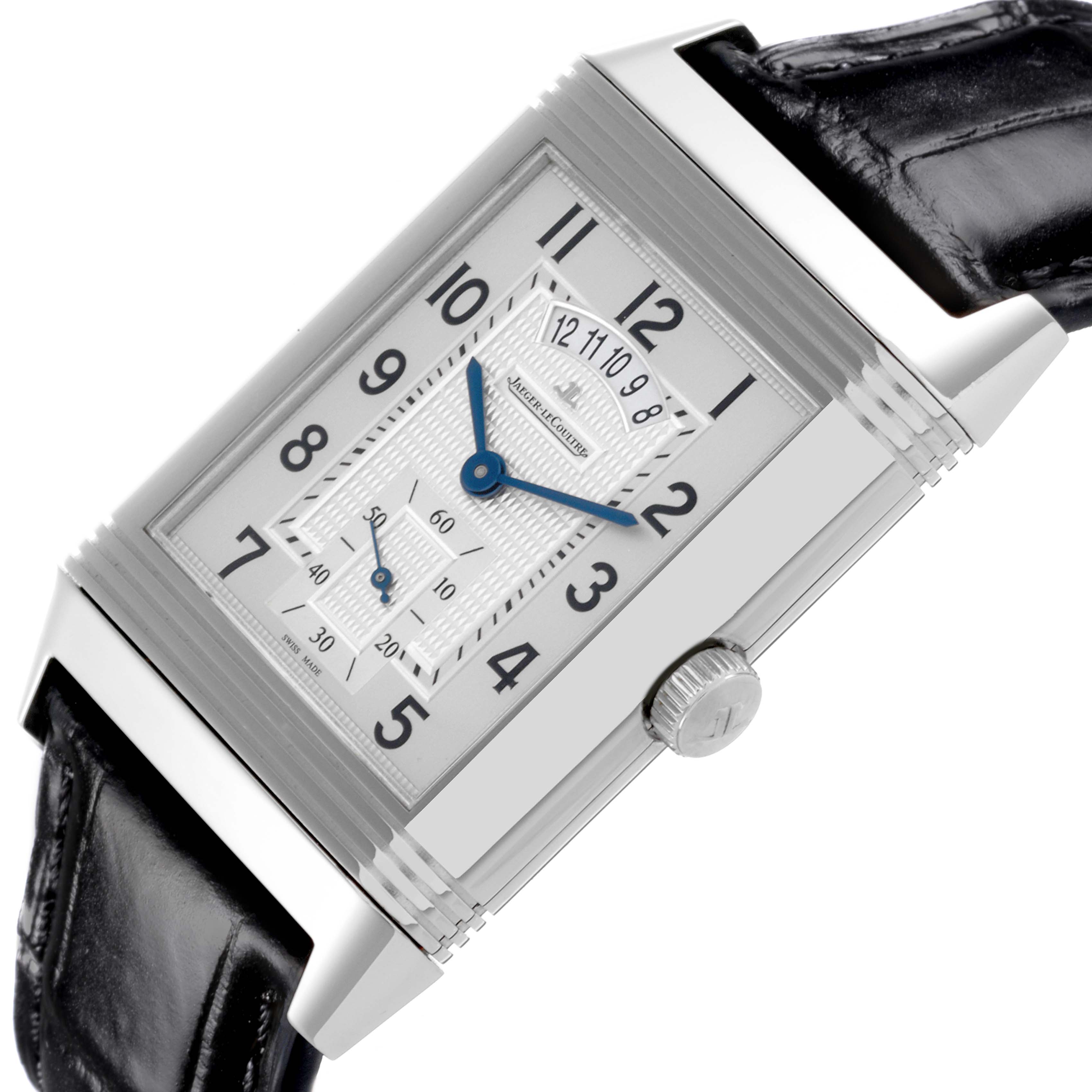 The Jaeger-LeCoultre Reverso watch is shown from a slightly tilted side angle, featuring the face, crown, and part of the strap.