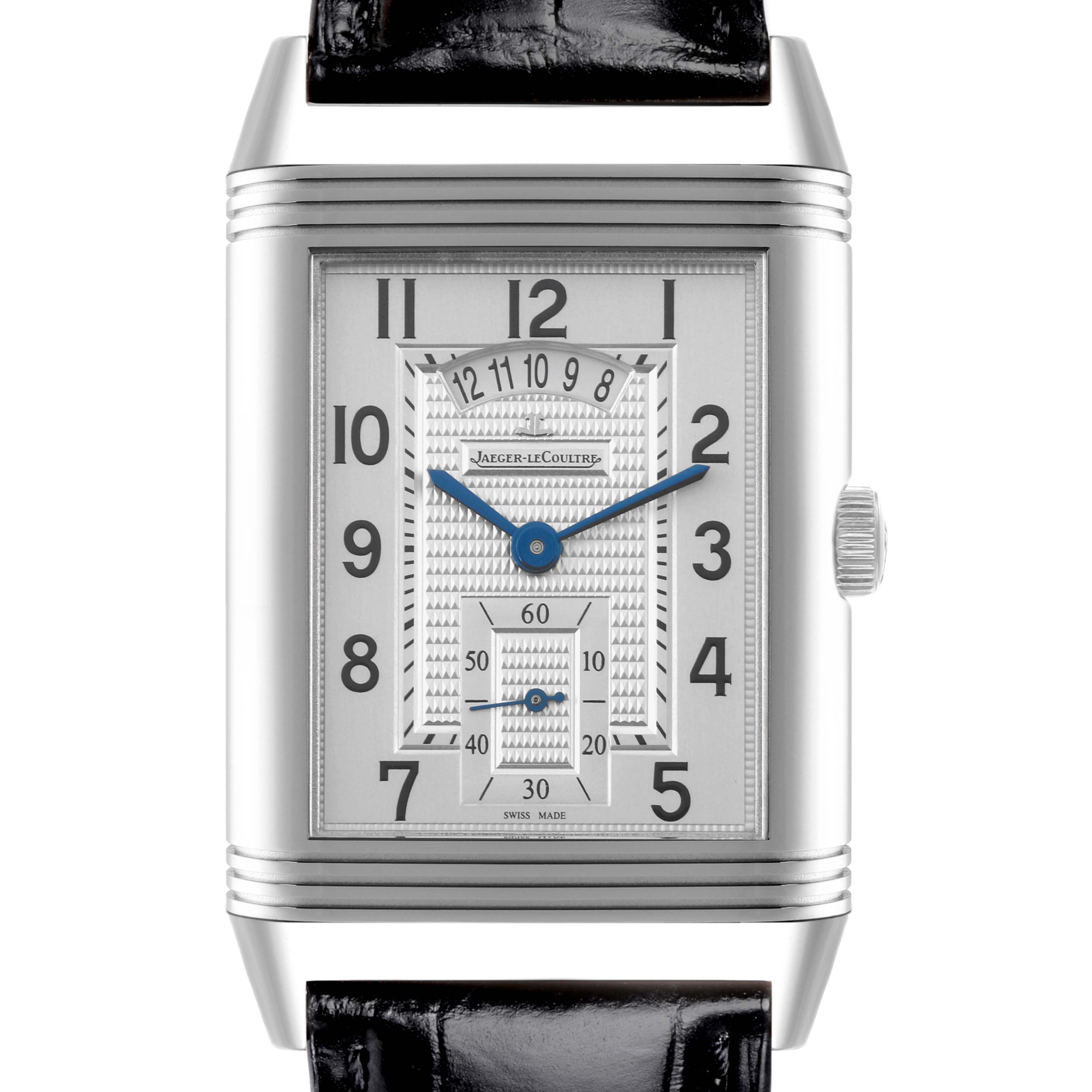 The Jaeger-LeCoultre Reverso watch is shown from the front, displaying the dial, case, and crown.