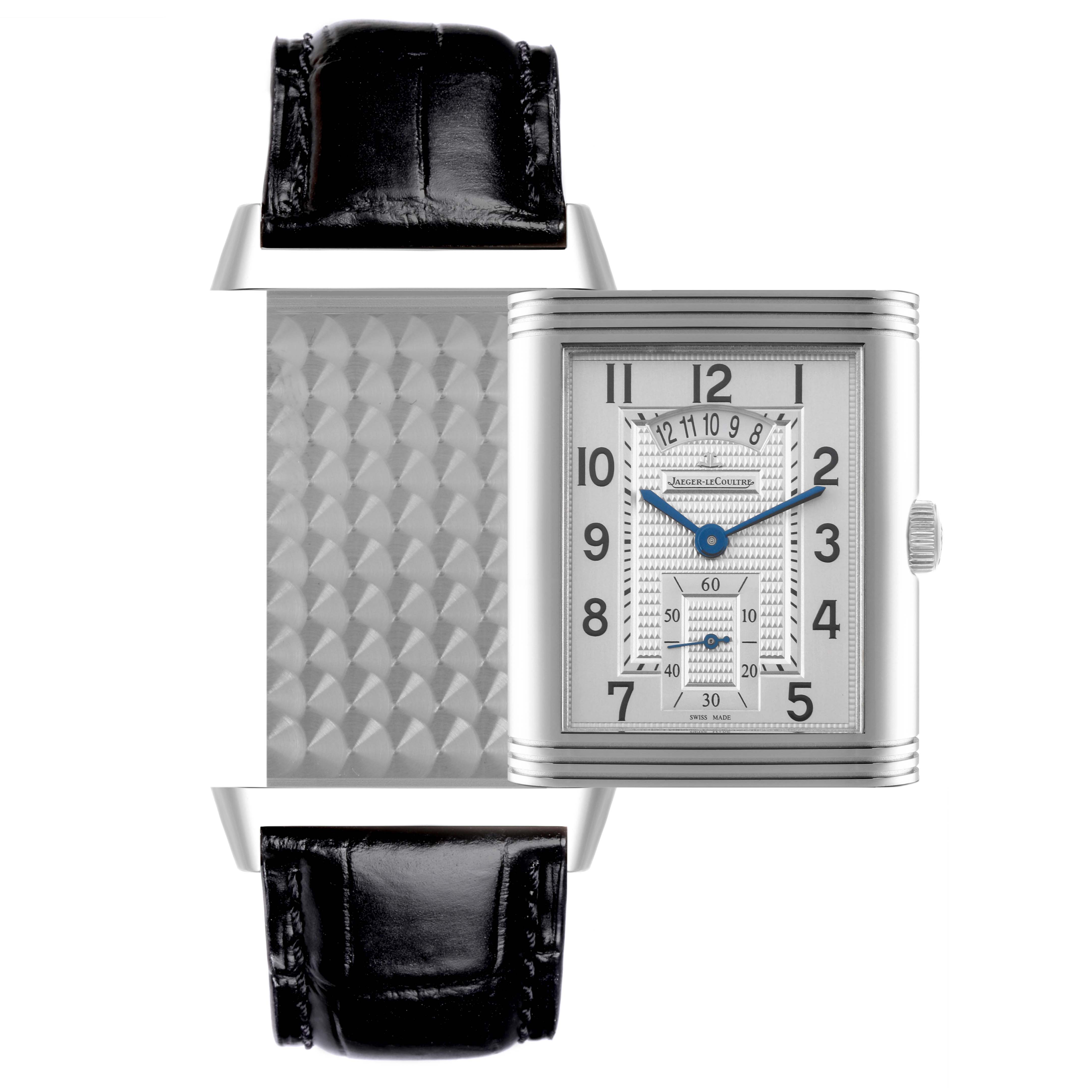 The Jaeger-LeCoultre Reverso watch is shown with both its front dial and reversed back panel visible.