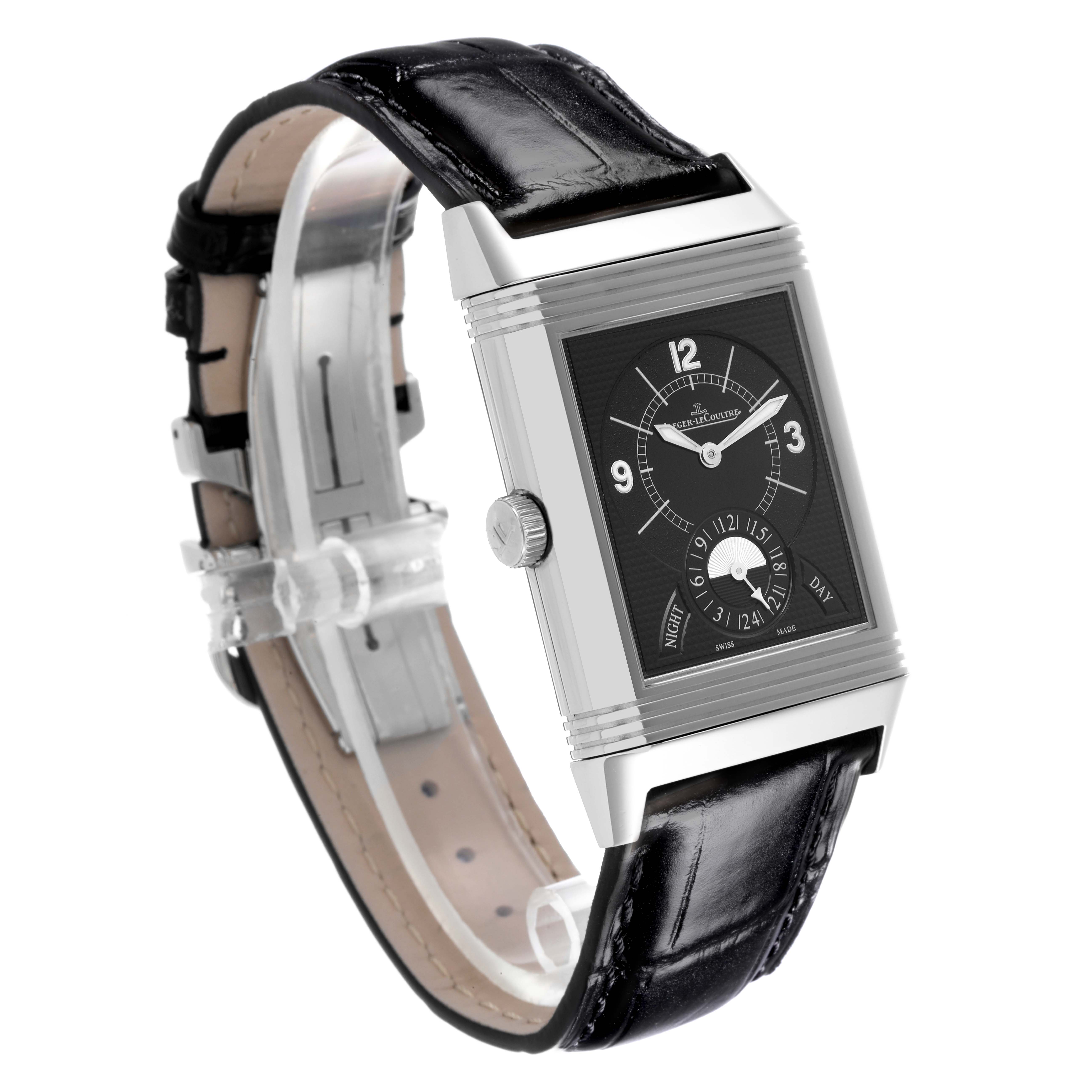 The Jaeger-LeCoultre Reverso watch is shown at a three-quarter angle, highlighting the dial, crown, and leather strap.