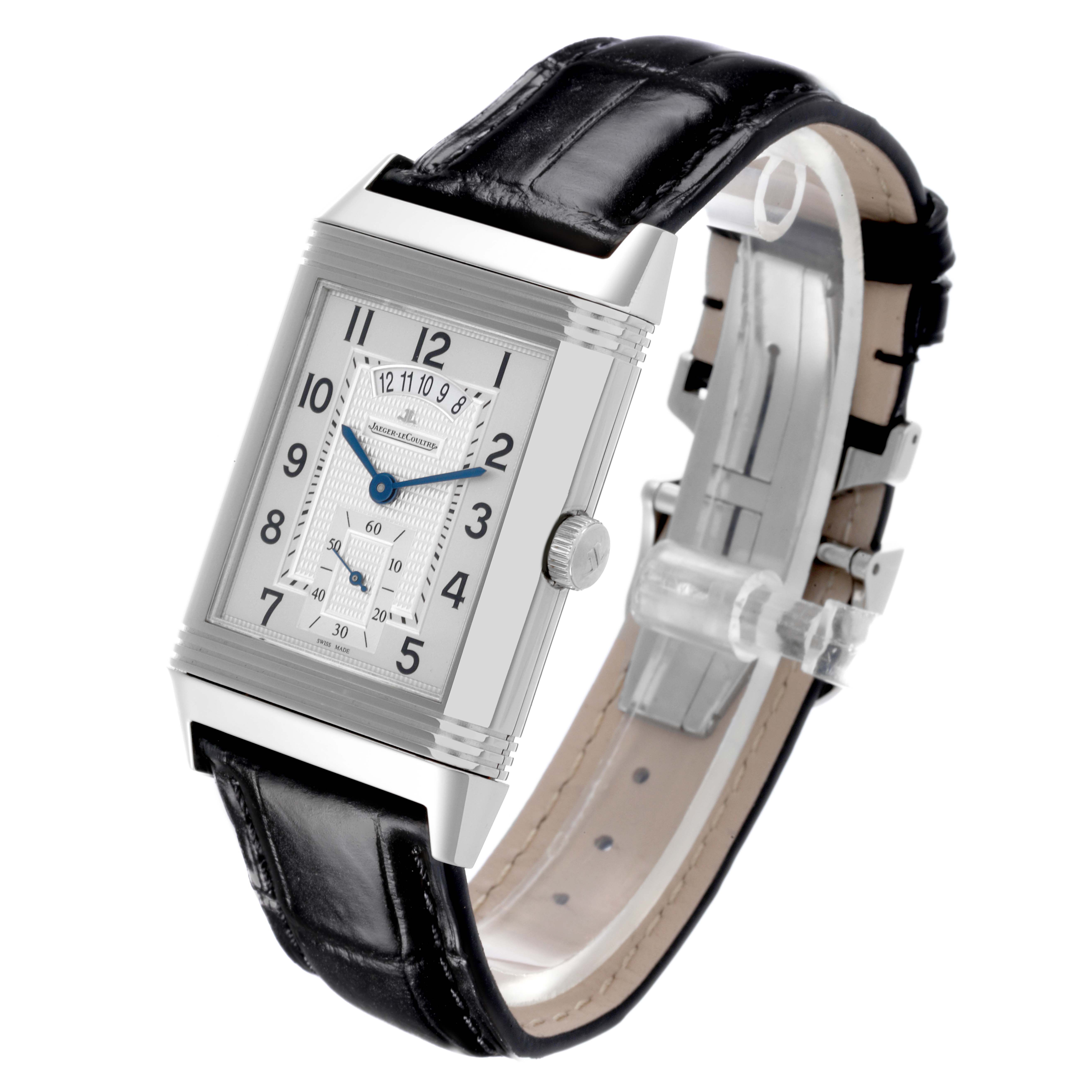 The image shows a Jaeger-LeCoultre Reverso watch at a three-quarter angle, highlighting its rectangular face and black leather strap.