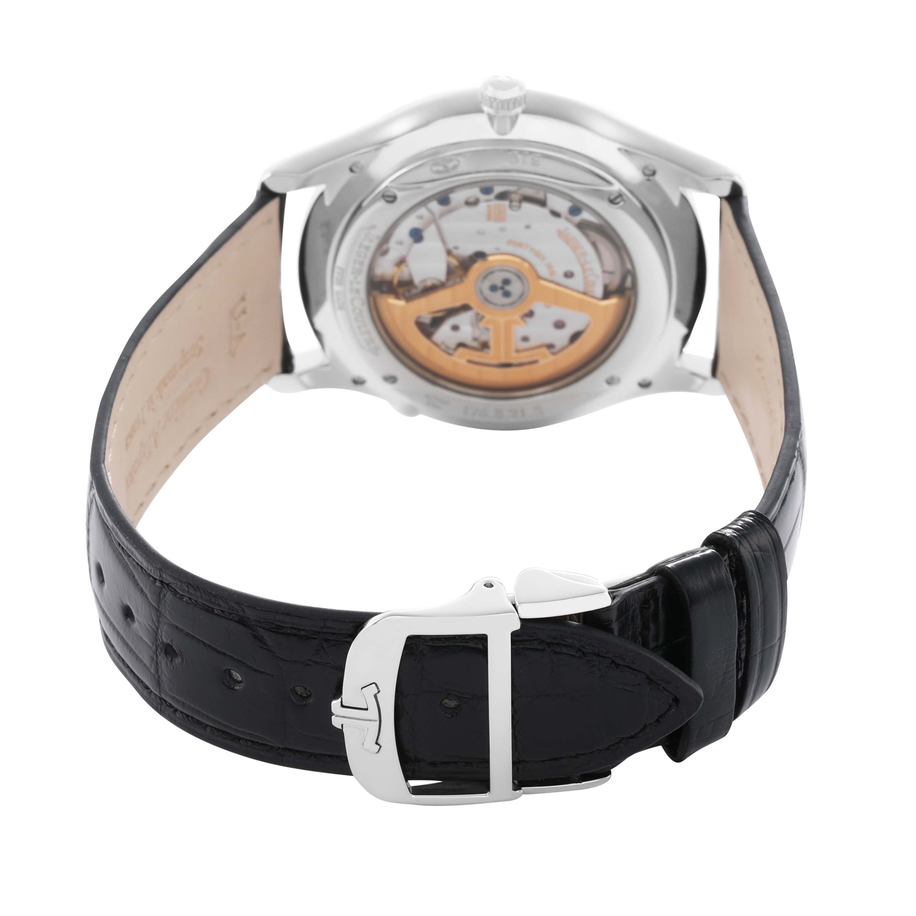 The image shows the back view of a Jaeger LeCoultre Master Q1308470 / 176.8.21.S Men's Stainless Steel Black Dial model, highlighting its movement and black leather strap with a buckle.