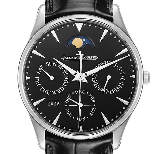 The Jaeger LeCoultre Master Q1308470 / 176.8.21.S Men's Stainless Steel Black Dial watch is shown from the front, displaying the dial, moon phase, and date indicators.