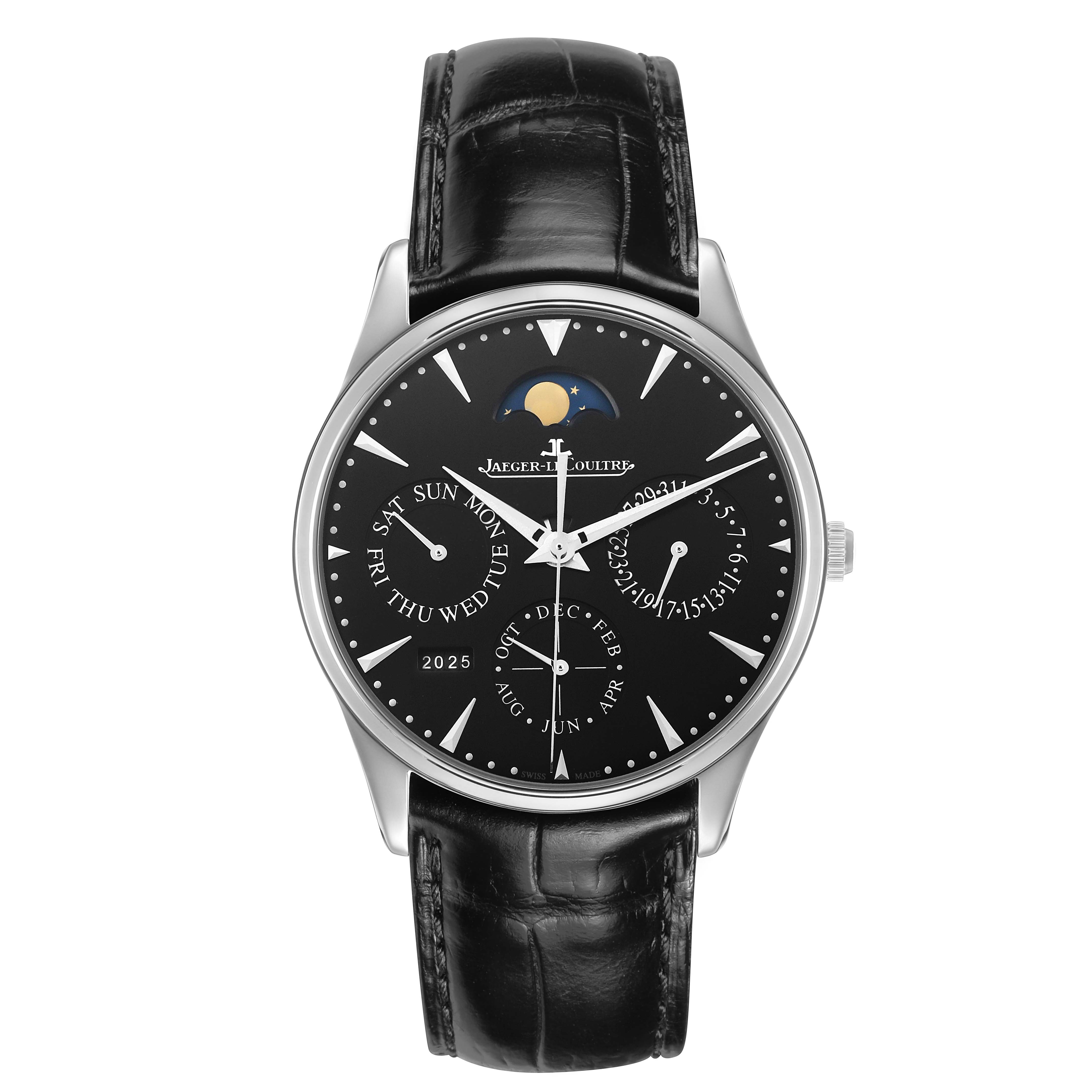 The Jaeger LeCoultre Master Q1308470 / 176.8.21.S Men's Stainless Steel Black Dial watch is shown from the front, displaying its black dial, moon phase, and day-date indicators.