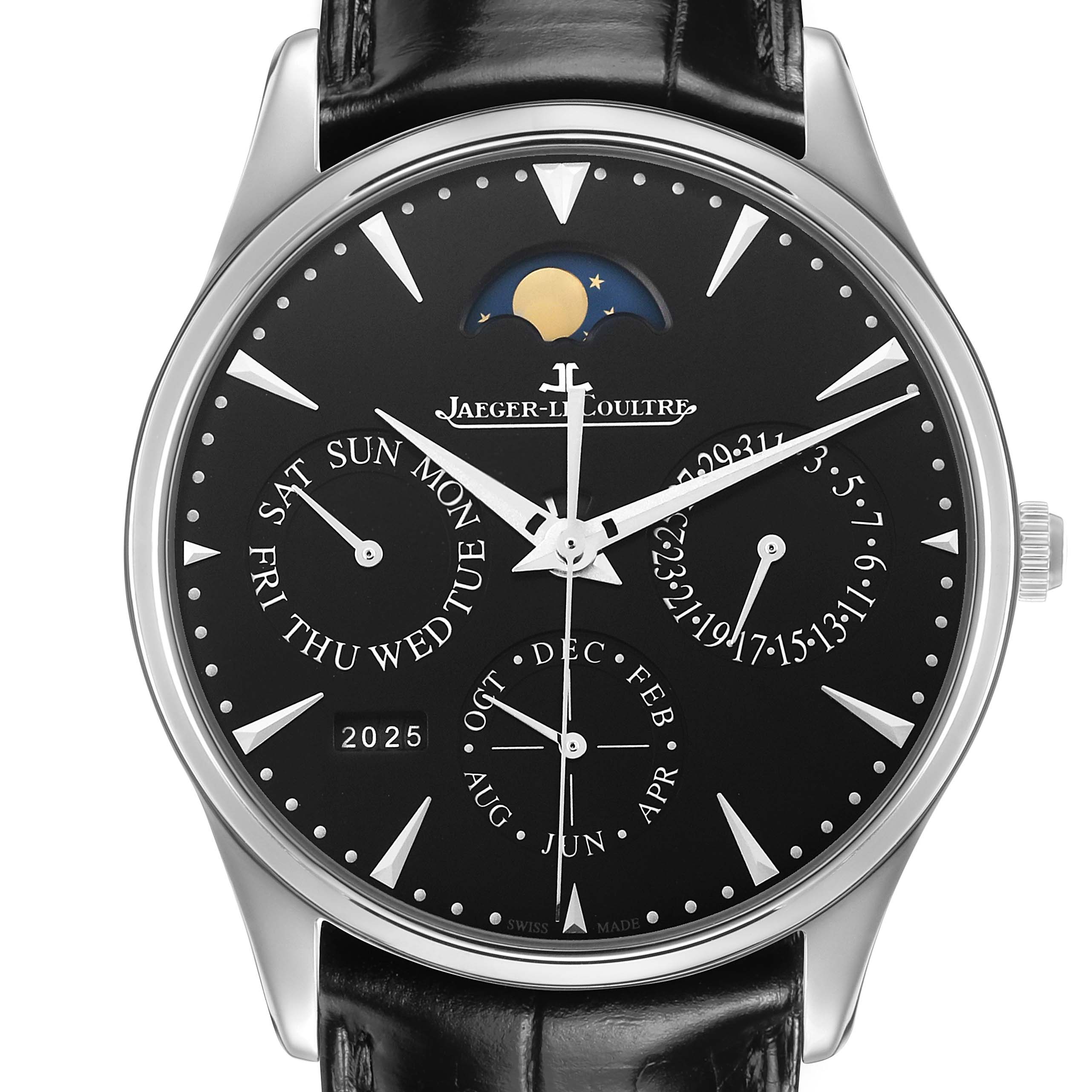 The Jaeger-LeCoultre Master model watch is shown from a front angle, displaying its dial with moon phase, day, date, month, and year indicators.