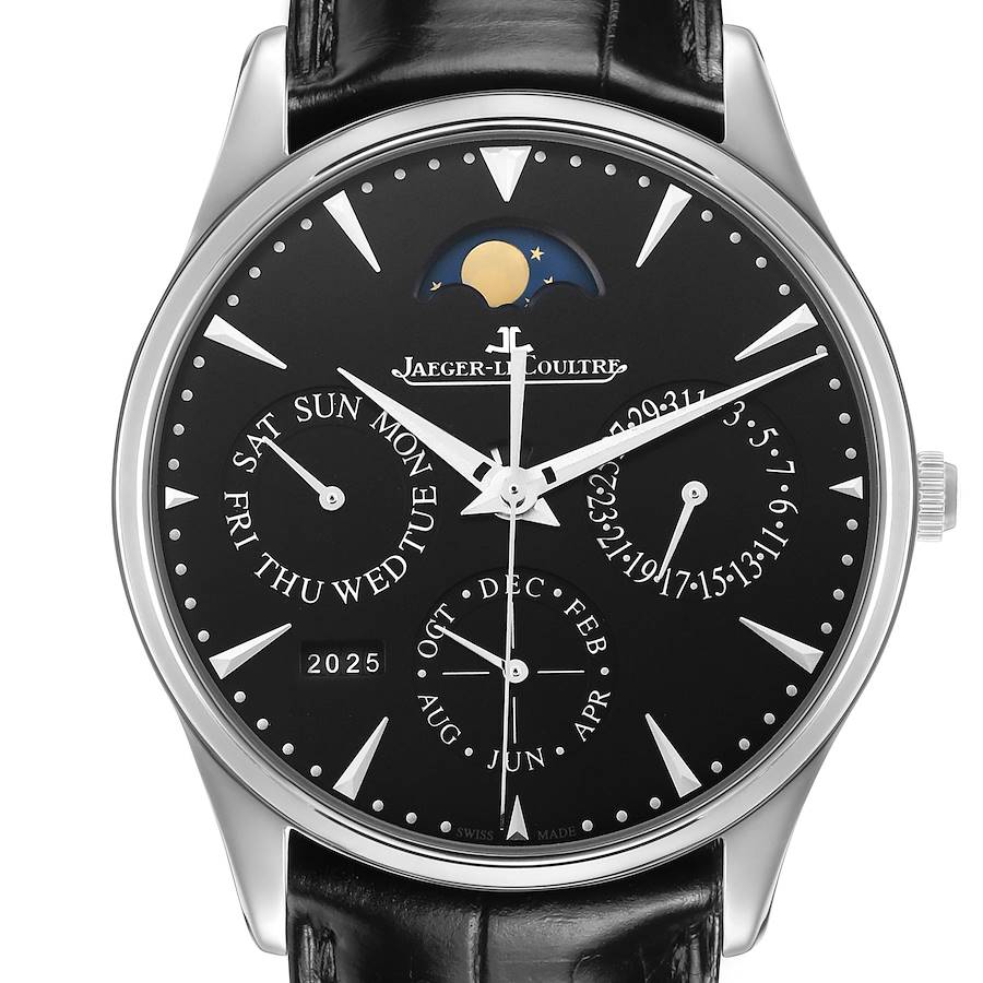 The Jaeger-LeCoultre Master model watch is shown from a front angle, displaying its dial with moon phase, day, date, month, and year indicators.