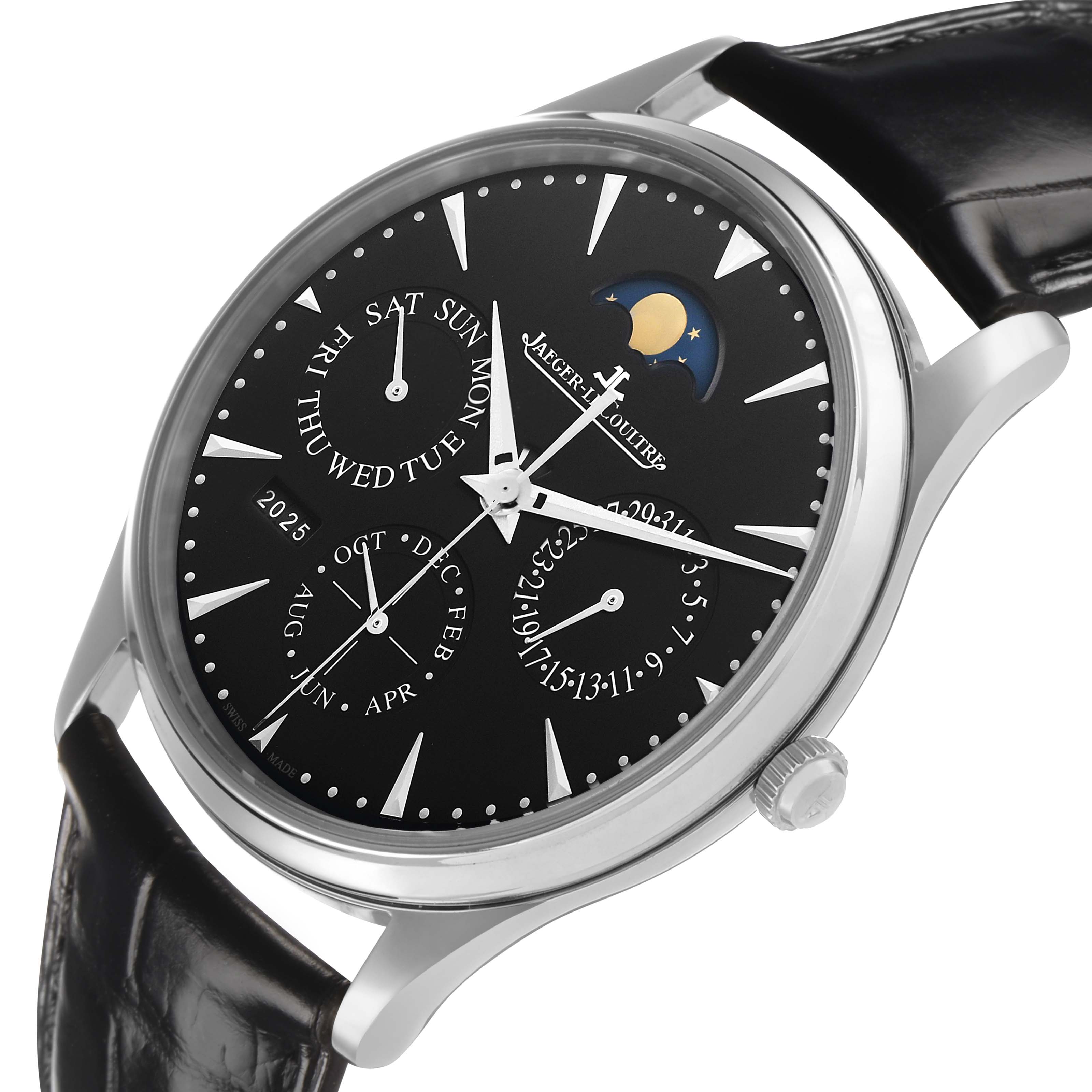 The Jaeger LeCoultre Master Q1308470 / 176.8.21.S Men's Stainless Steel Black Dial watch is shown at an angled side view, highlighting its black dial, moon phase, and subdials.