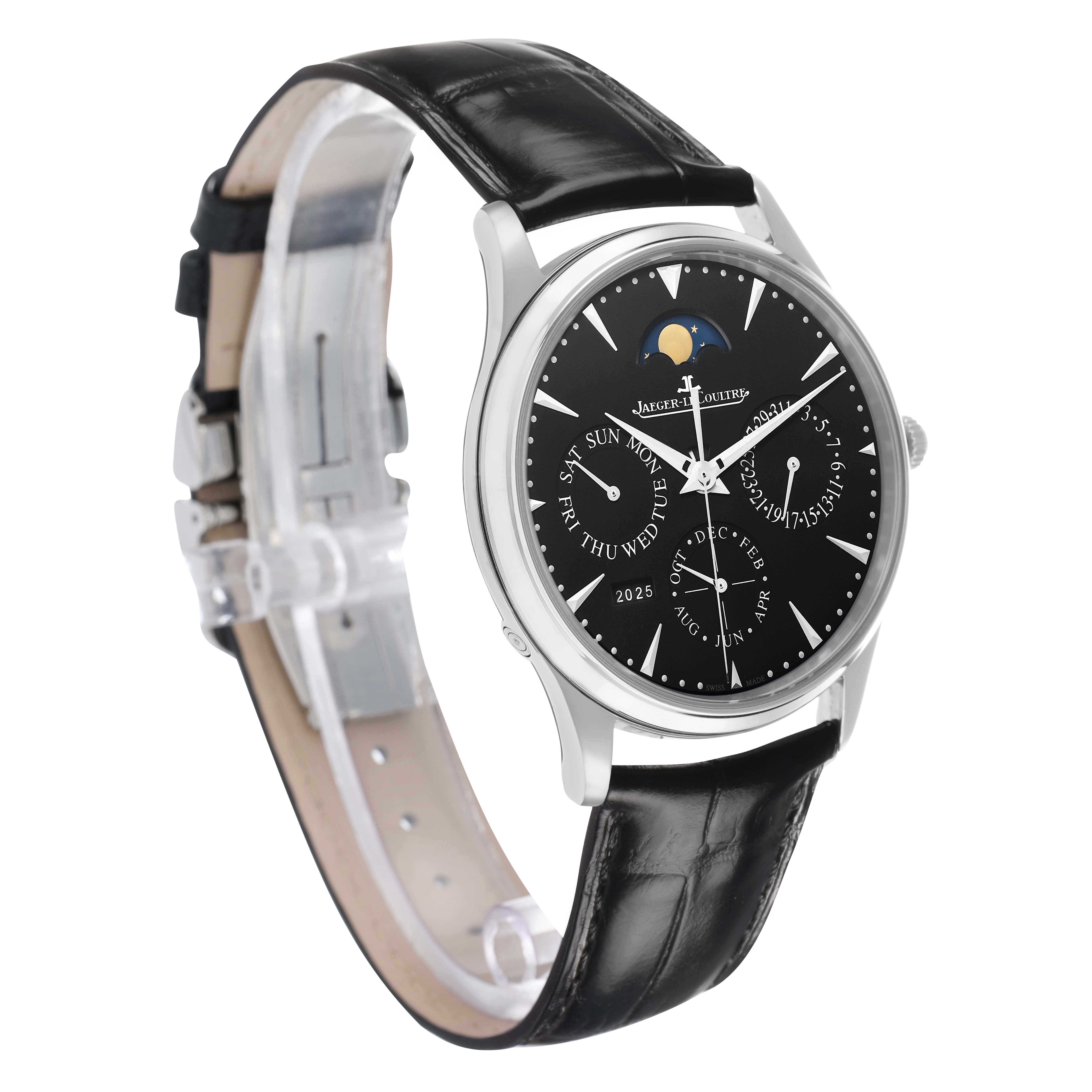 The Jaeger LeCoultre Master Q1308470 / 176.8.21.S Men's Stainless Steel Black Dial model watch is shown at a three-quarter angle, highlighting the dial, case, and leather strap.