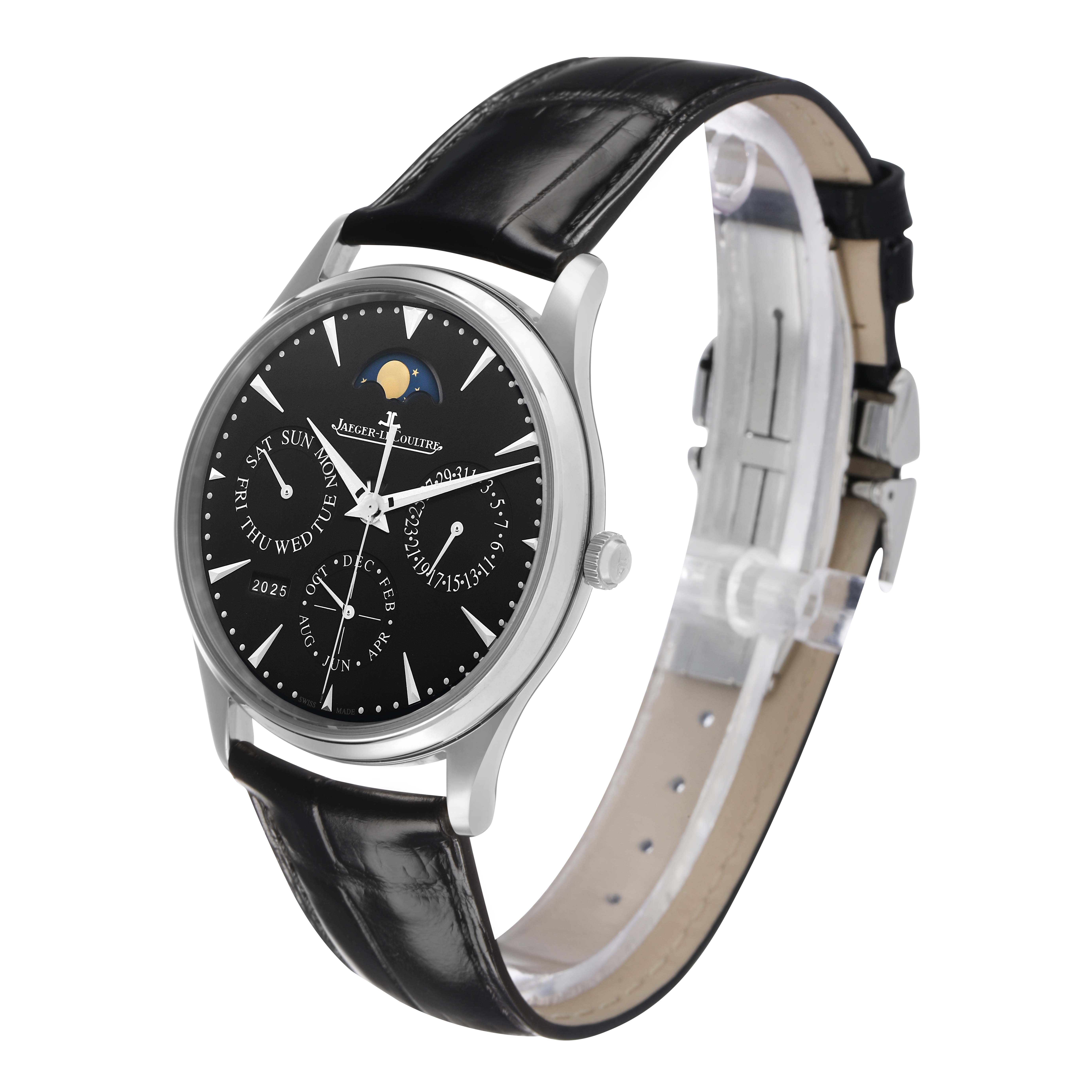 The Jaeger LeCoultre Master Q1308470 / 176.8.21.S Men's Stainless Steel Black Dial watch is shown at a three-quarter angle, featuring its black dial, moon phase, and leather strap.