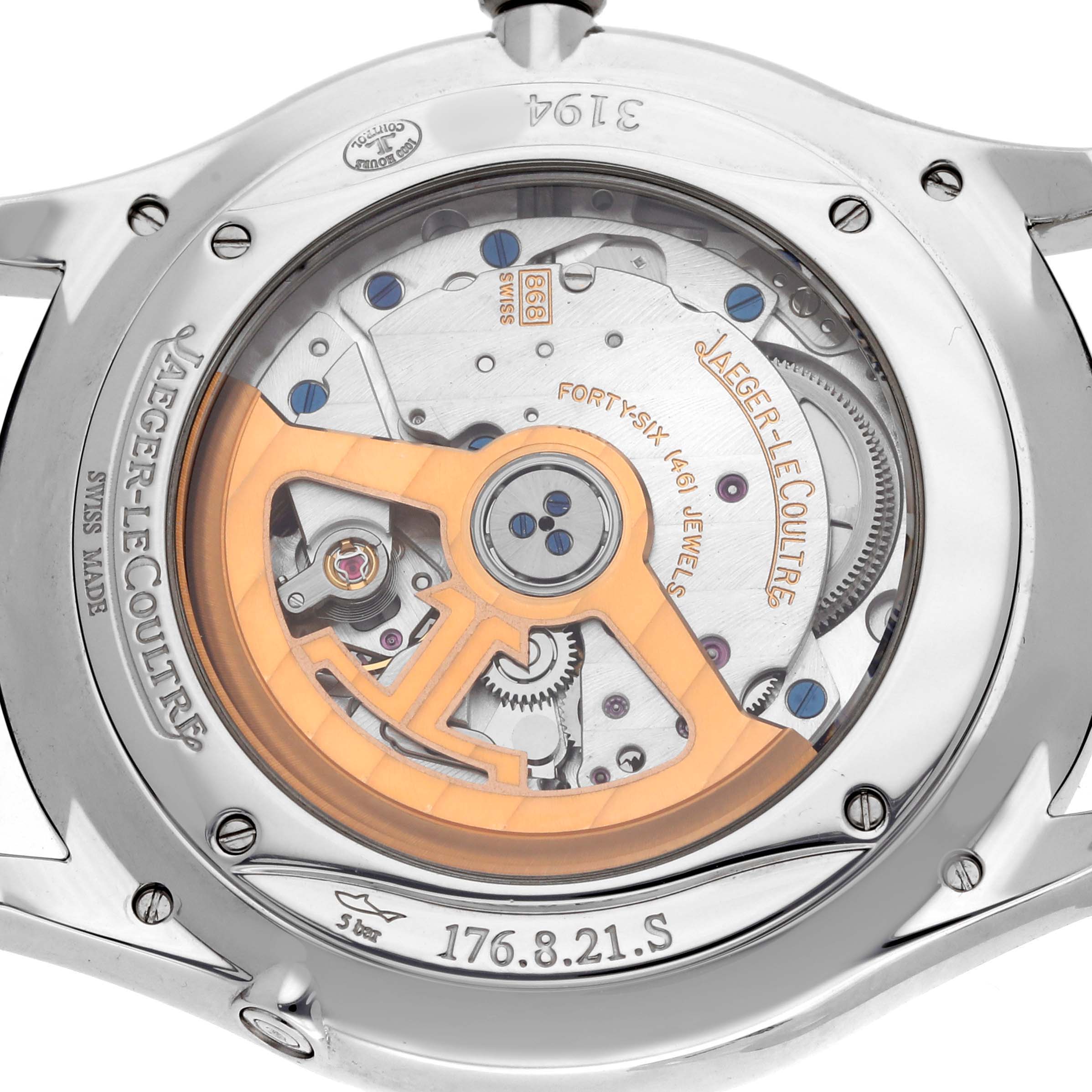 The image shows the back view of a Jaeger LeCoultre Master Q1308470 / 176.8.21.S Men's Stainless Steel Black Dial watch, highlighting its intricate movement and rotor.