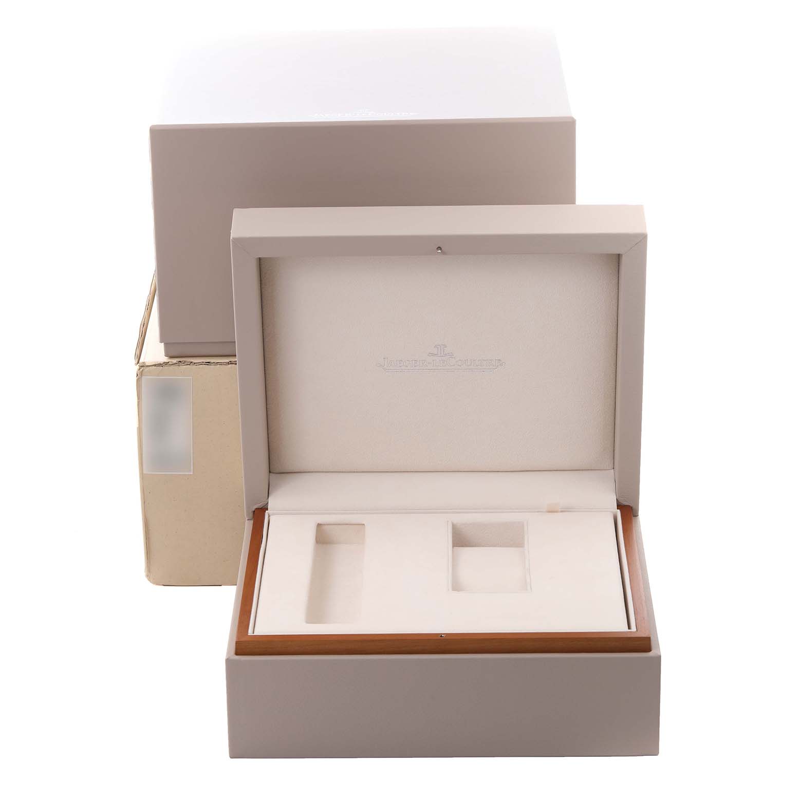 The image shows an open Jaeger LeCoultre Master Q1612520 Men's Rose Gold Silver Dial Q1612520 Men's Rose Gold Silver Dial watch box viewed from the front, revealing its interior compartments.