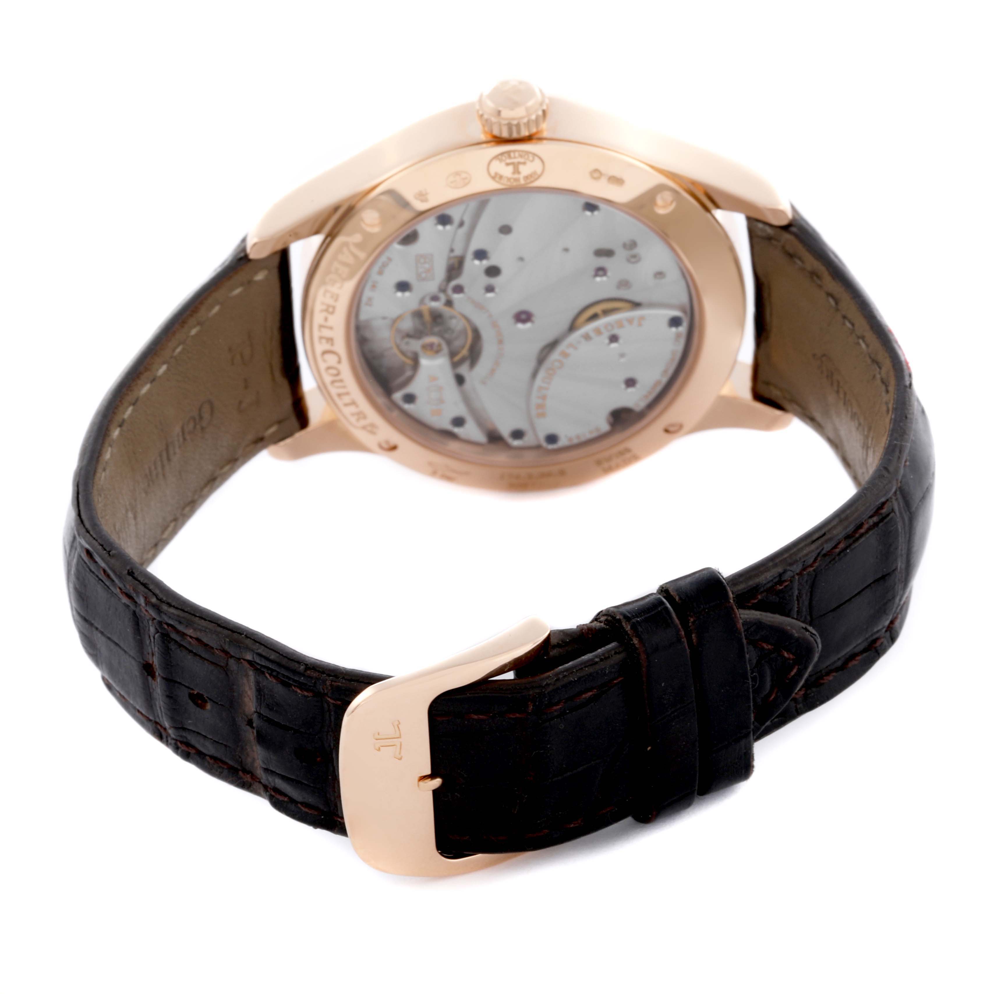The image shows the back case of the Jaeger-LeCoultre Master model, highlighting the movement and leather strap.