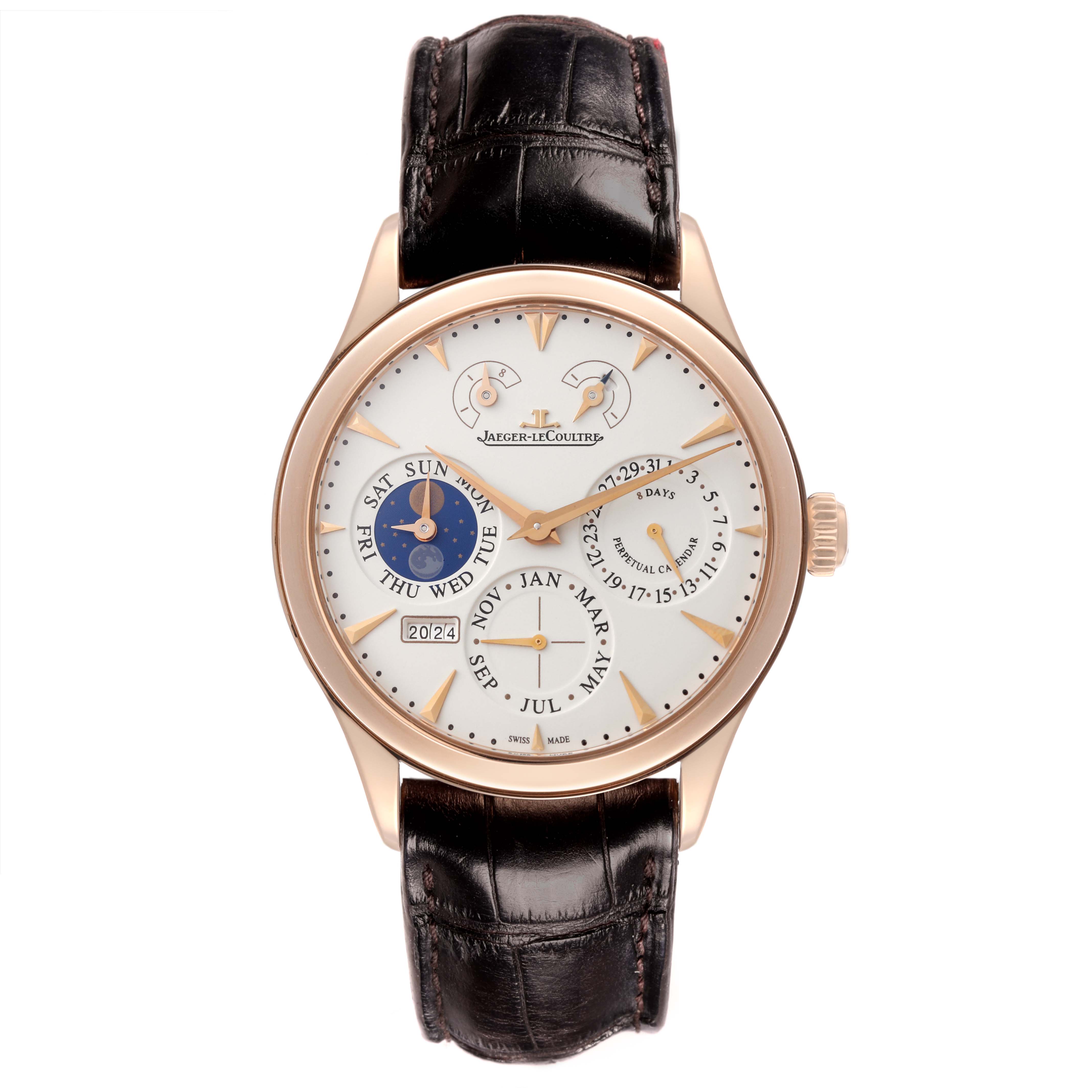 The Jaeger LeCoultre Master Q1612520 Men's Rose Gold Silver Dial Q1612520 Men's Rose Gold Silver Dial watch is shown from the front, displaying its face, dials, and leather strap.