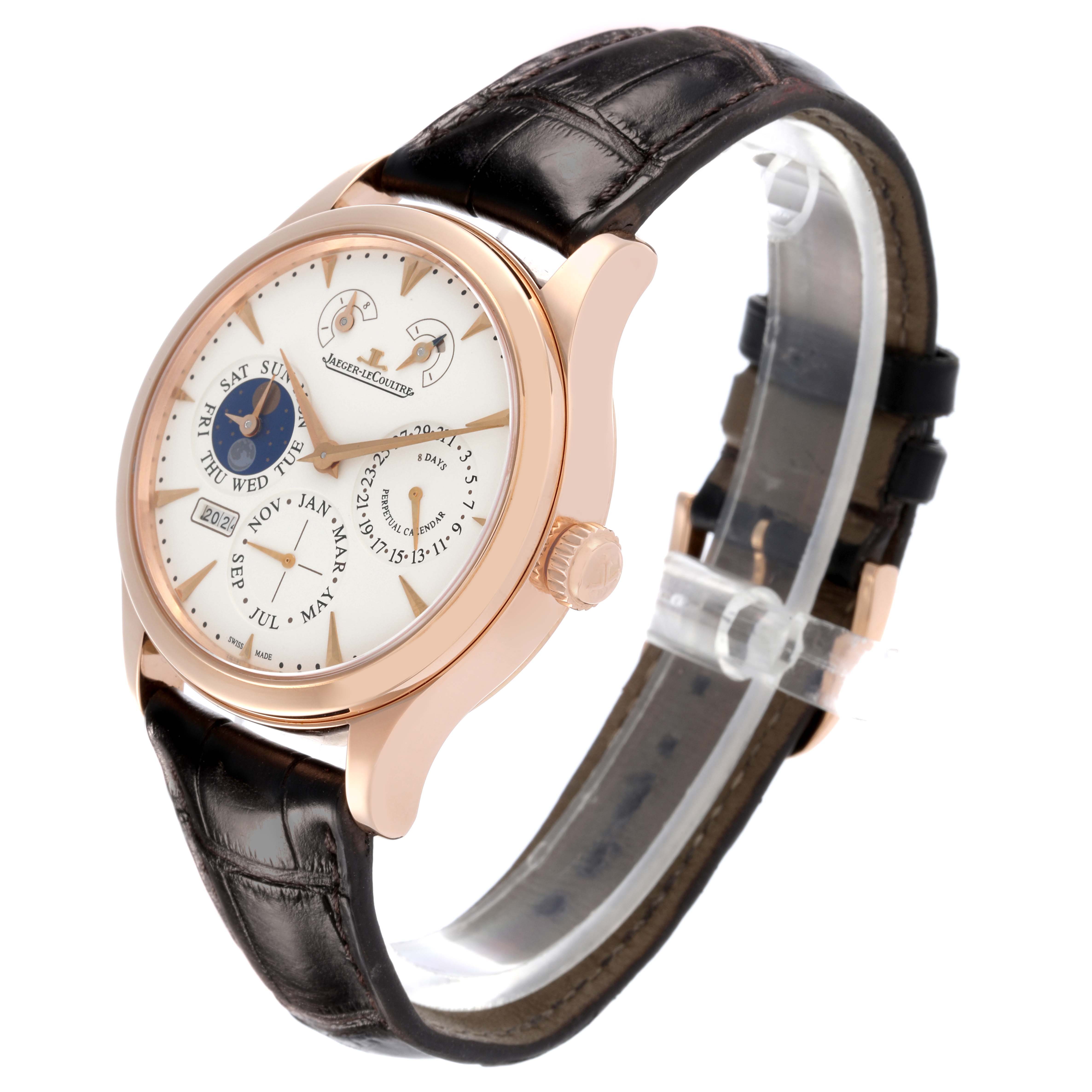 The Jaeger LeCoultre Master Q1612520 Men's Rose Gold Silver Dial Q1612520 Men's Rose Gold Silver Dial watch is shown at a three-quarter angle, highlighting the dial, crown, and leather strap.