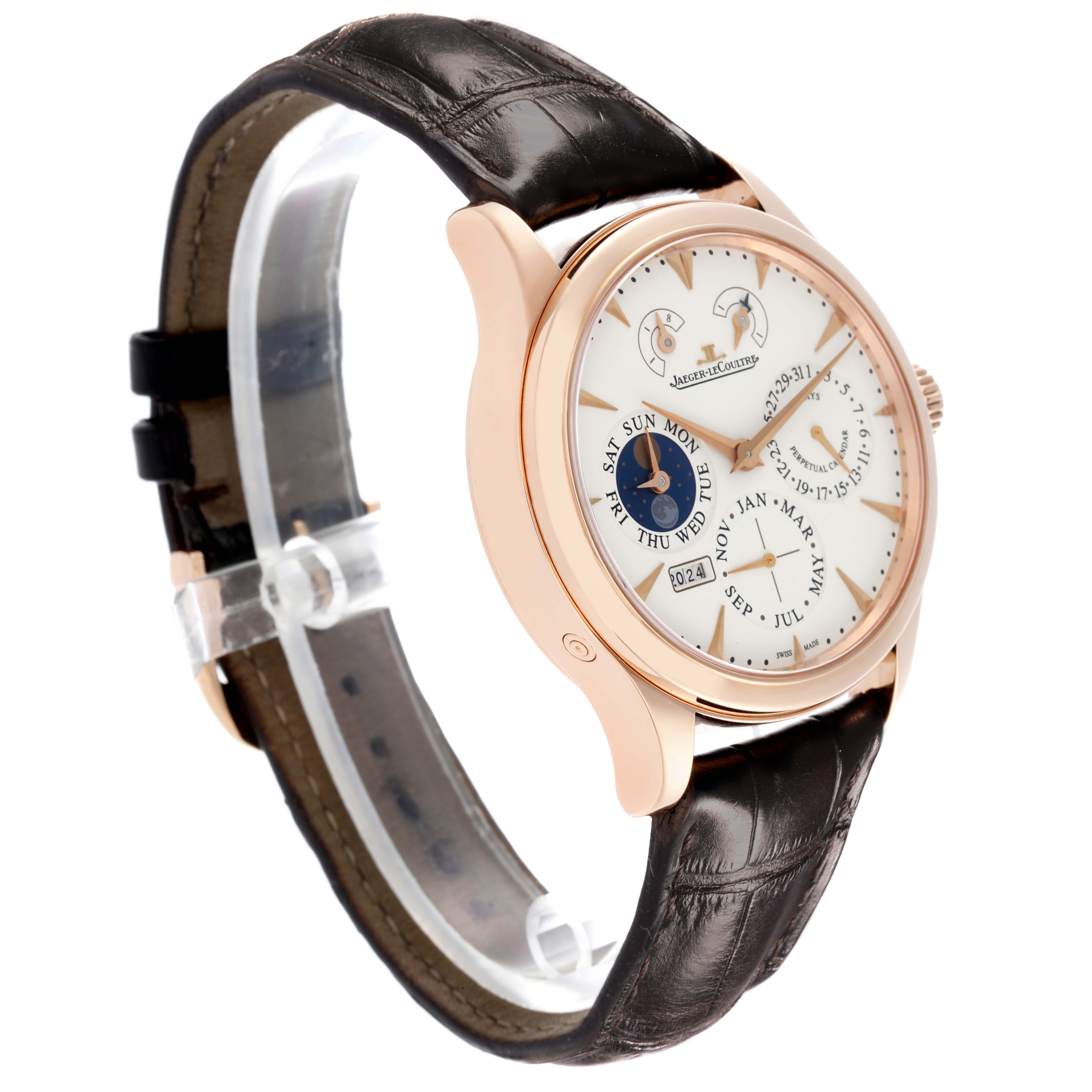 The Jaeger LeCoultre Master Q1612520 Men's Rose Gold Silver Dial Q1612520 Men's Rose Gold Silver Dial watch is shown at a three-quarter angle, highlighting its dial and leather strap.