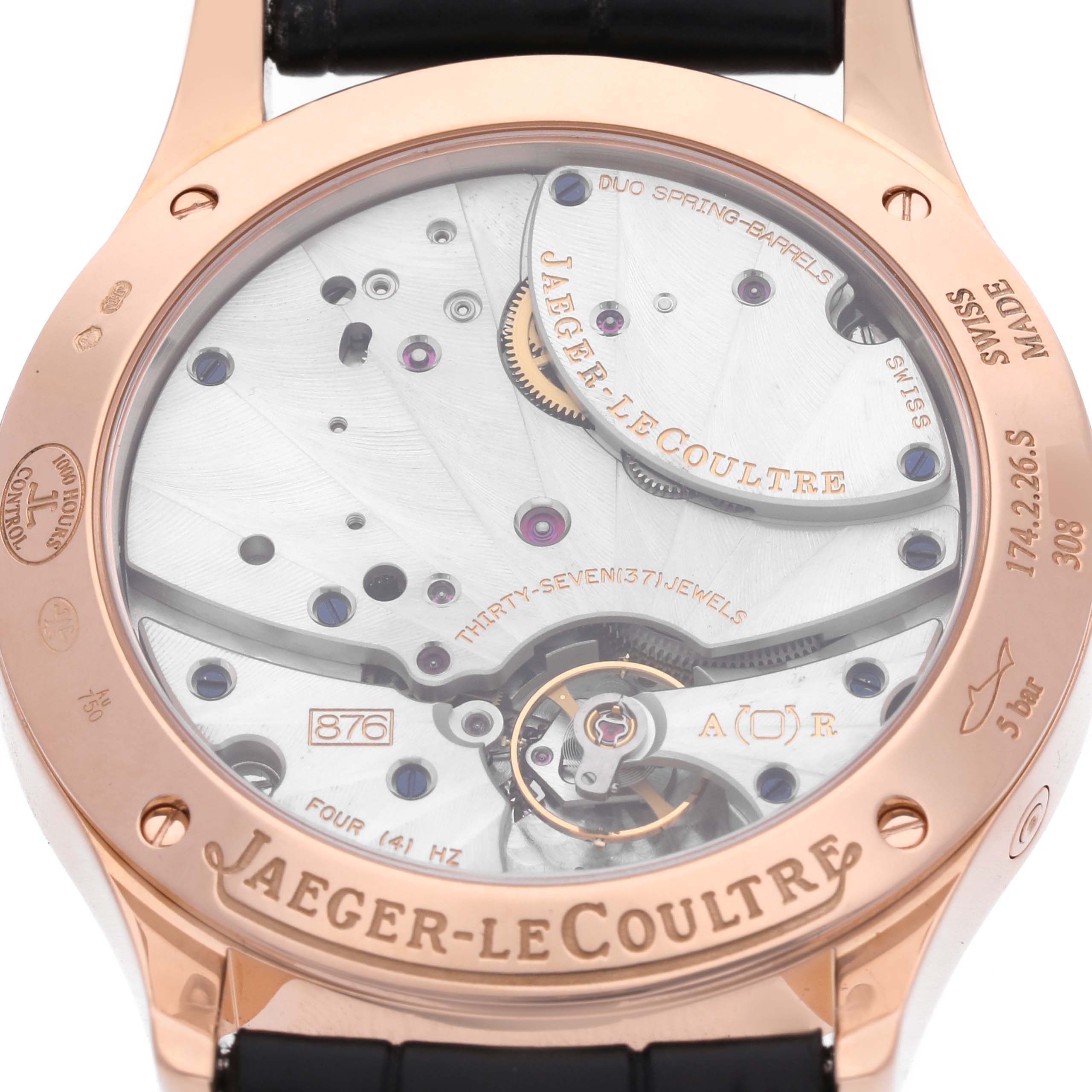 The image shows the back view of the Jaeger-LeCoultre Master model, highlighting the movement and case engravings.