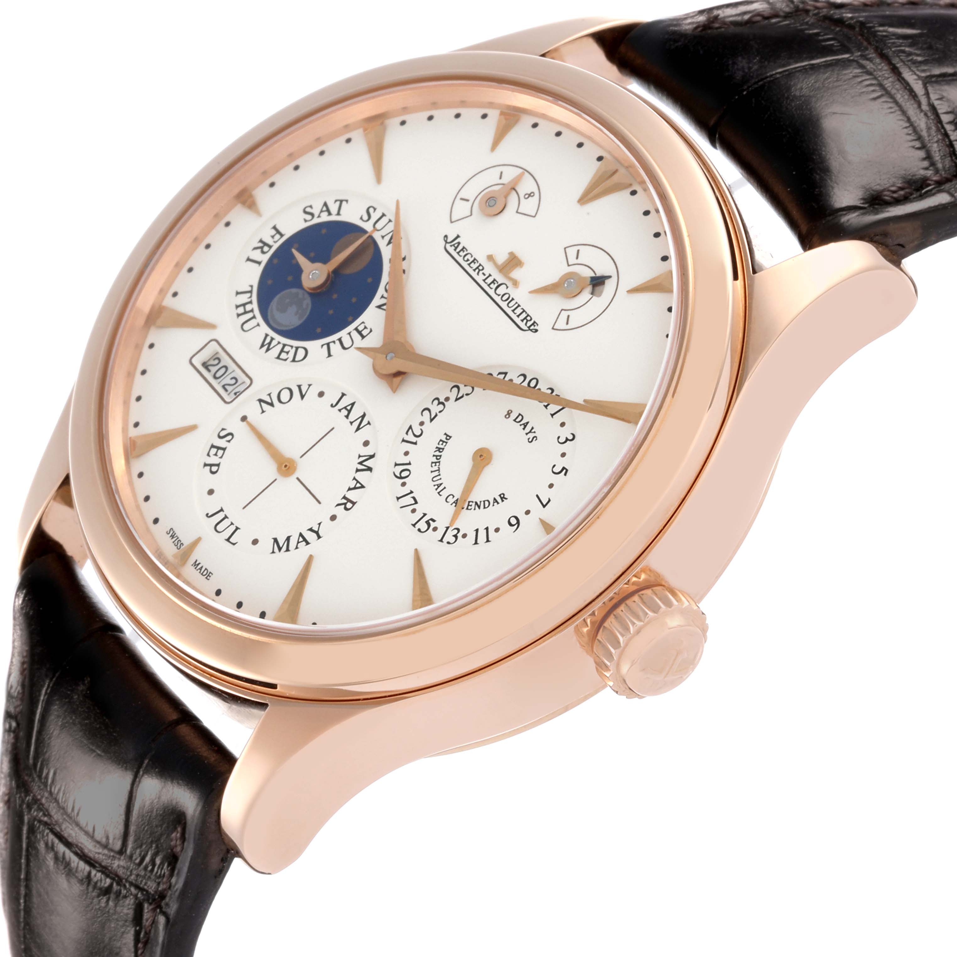 The Jaeger LeCoultre Master Q1612520 Men's Rose Gold Silver Dial Q1612520 Men's Rose Gold Silver Dial watch is shown at a side angle, highlighting the dial, crown, and leather strap.