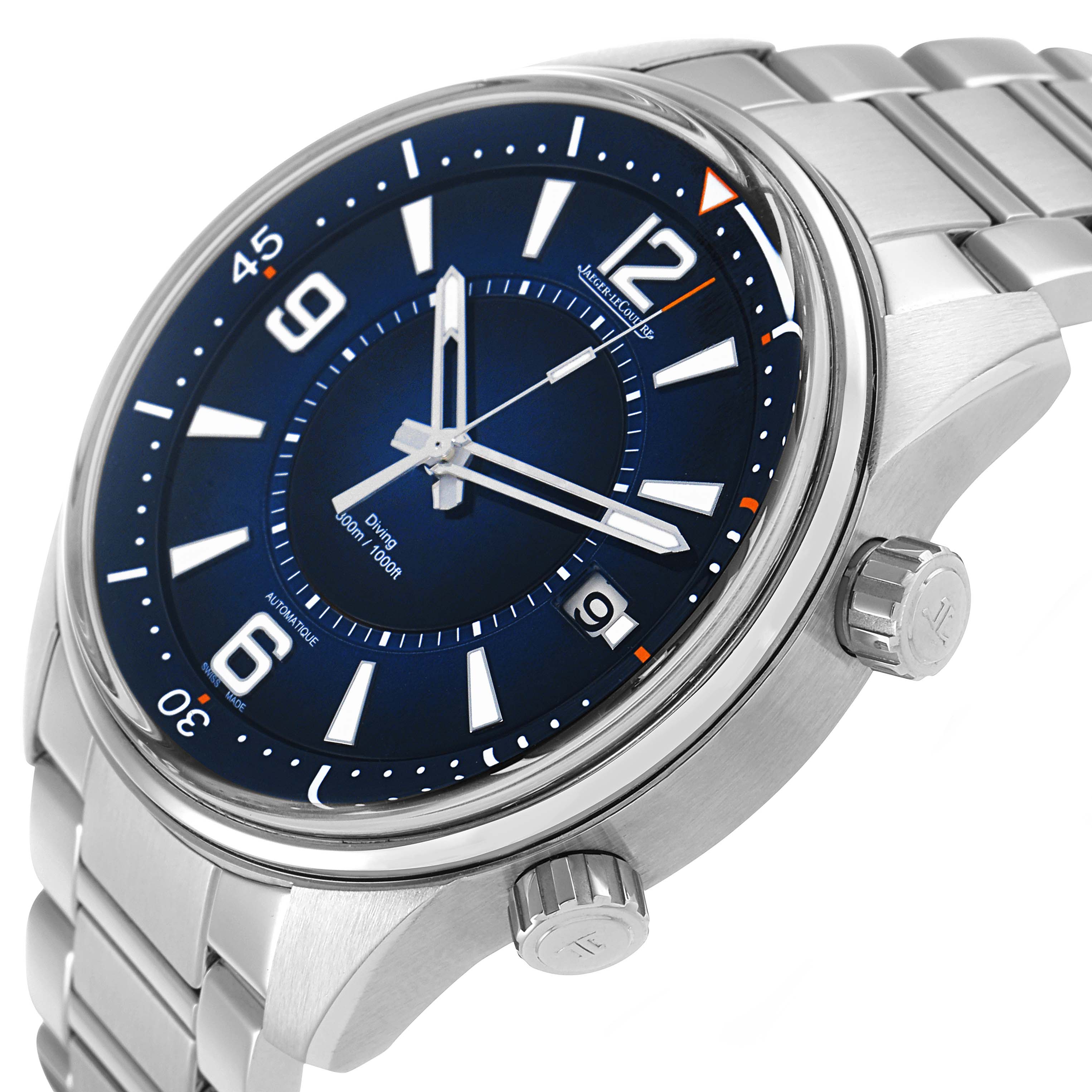 The Jaeger LeCoultre Polaris Q9068180 / 842.8.A0.S Men's Stainless Steel Blue Dial watch is shown from a front-side angle, highlighting the blue dial, bezel, and metal bracelet.