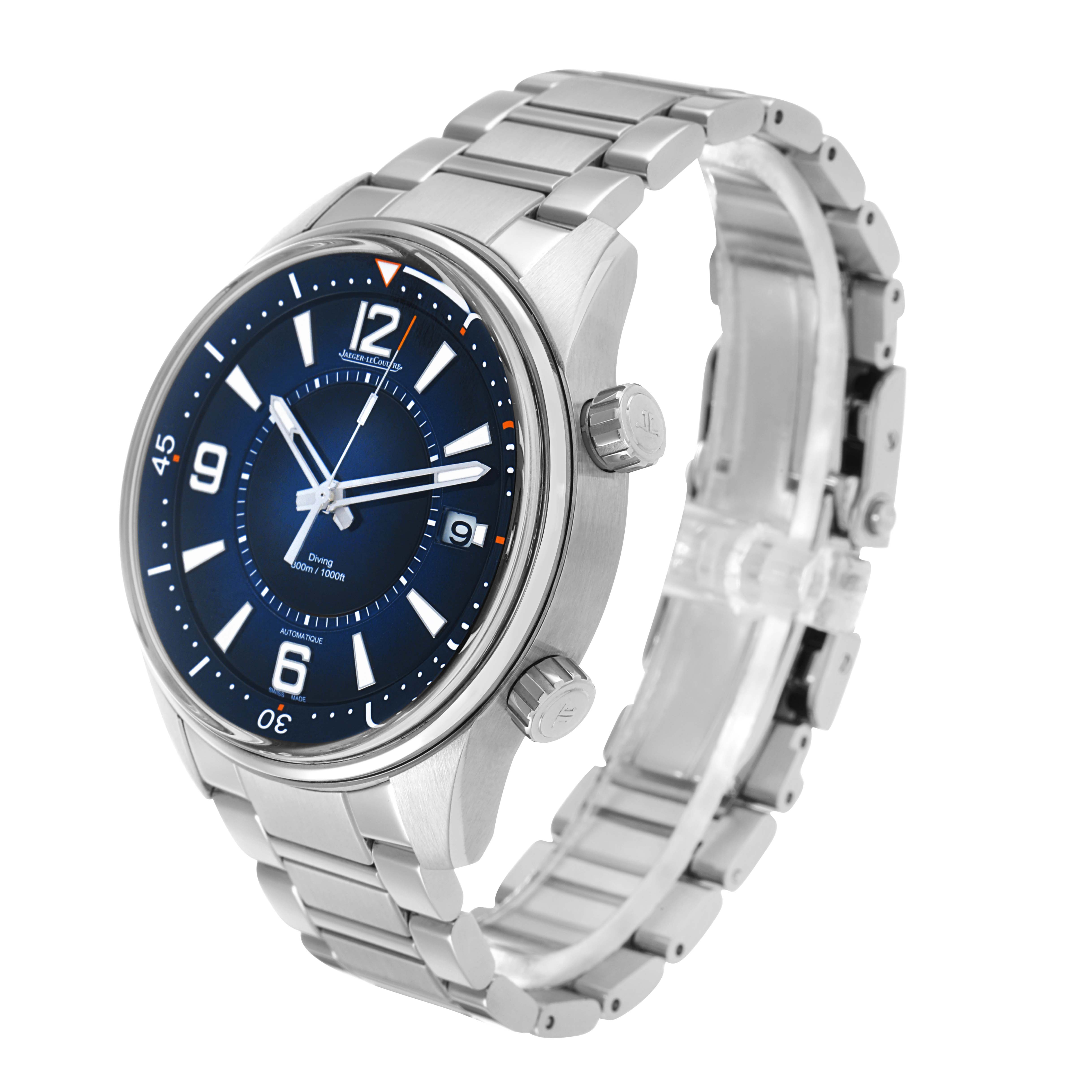 The Jaeger LeCoultre Polaris Q9068180 / 842.8.A0.S Men's Stainless Steel Blue Dial watch is shown at a three-quarter angle, highlighting the dial, bezel, crown, and bracelet.