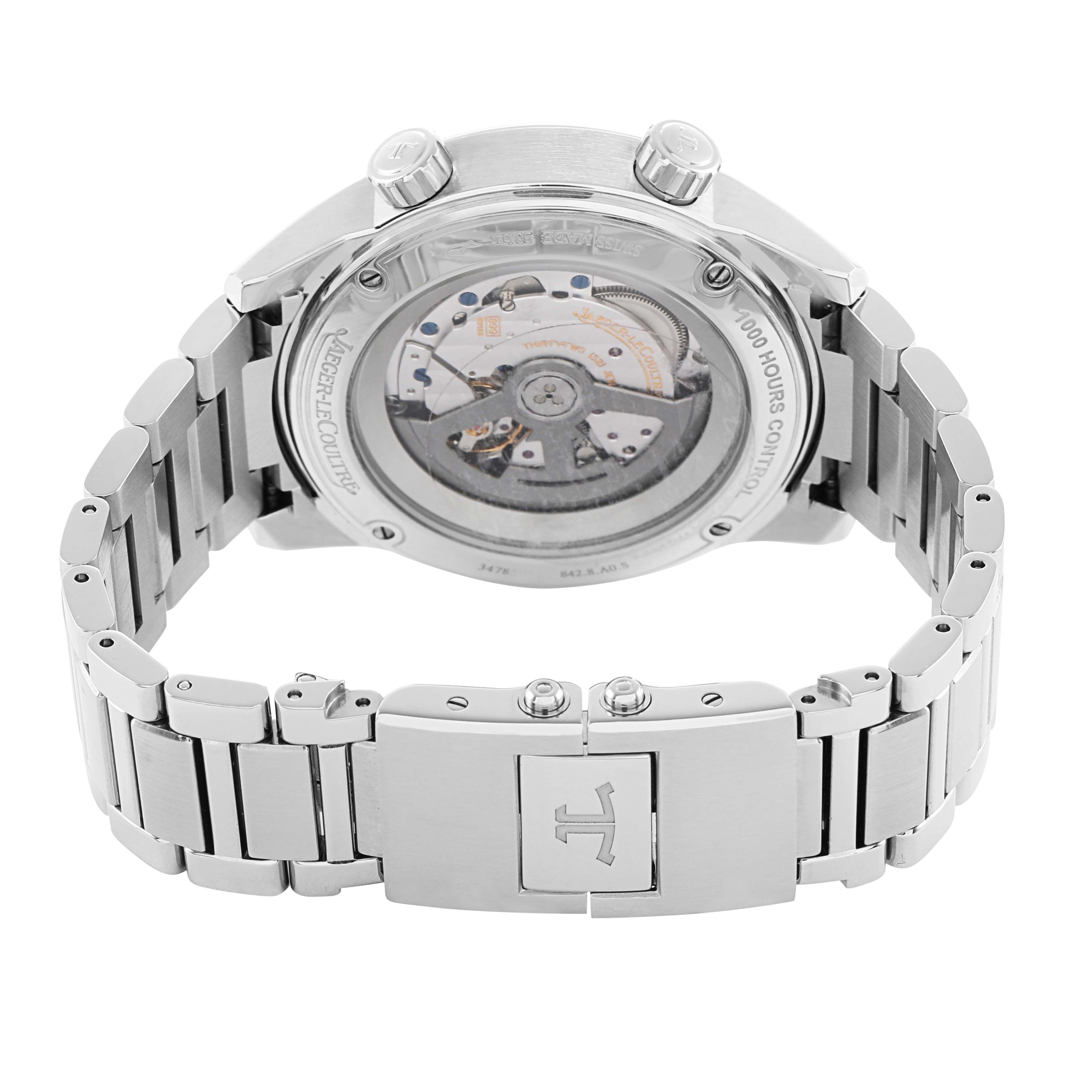 The Jaeger LeCoultre Polaris Q9068180 / 842.8.A0.S Men's Stainless Steel Blue Dial watch is shown from the back, displaying the movement and part of the stainless steel bracelet.