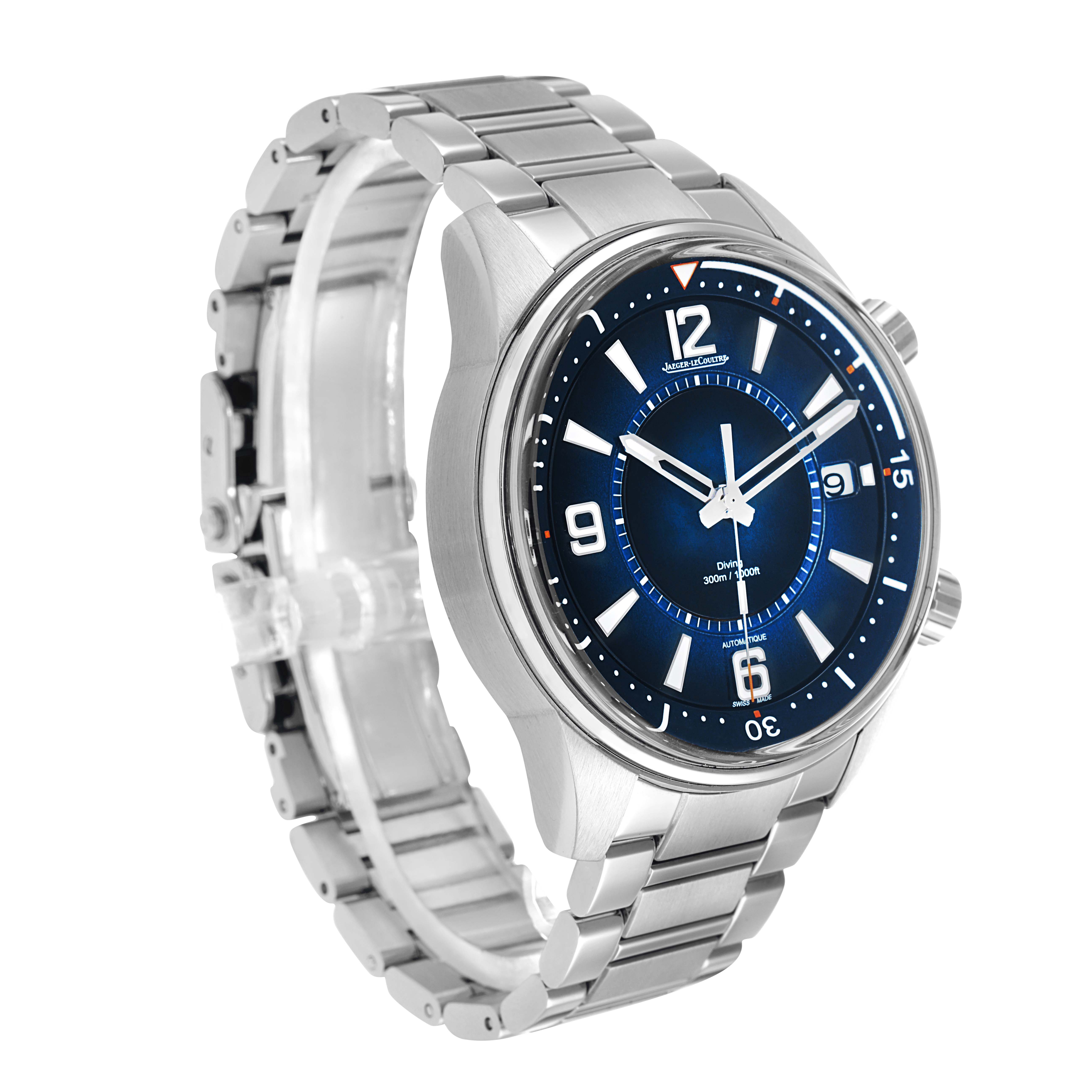 The Jaeger LeCoultre Polaris Q9068180 / 842.8.A0.S Men's Stainless Steel Blue Dial watch is shown at a three-quarter angle, displaying its blue dial, silver case, and metal bracelet.