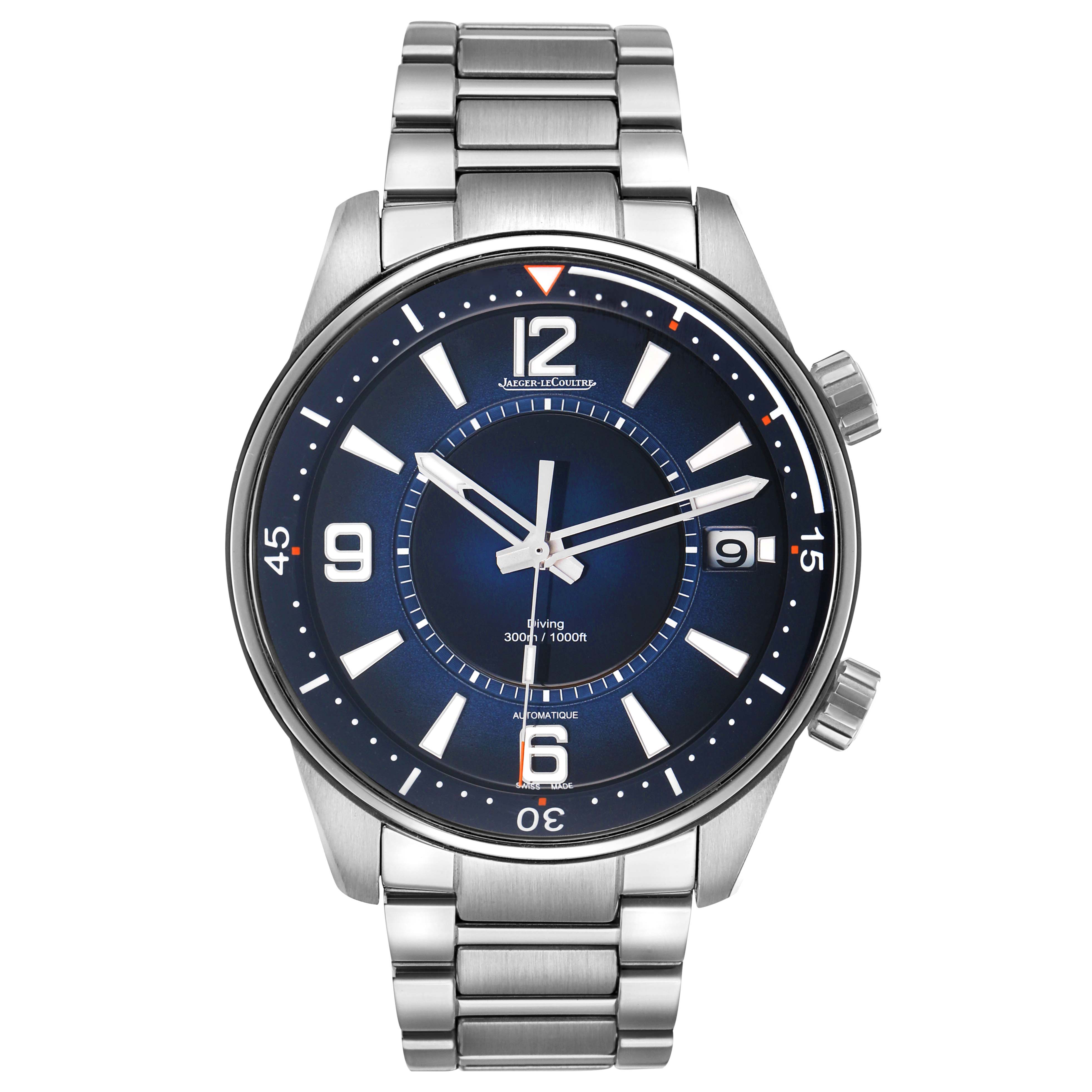 The Jaeger LeCoultre Polaris Q9068180 / 842.8.A0.S Men's Stainless Steel Blue Dial watch is shown from the front, highlighting its dial, case, and bracelet.