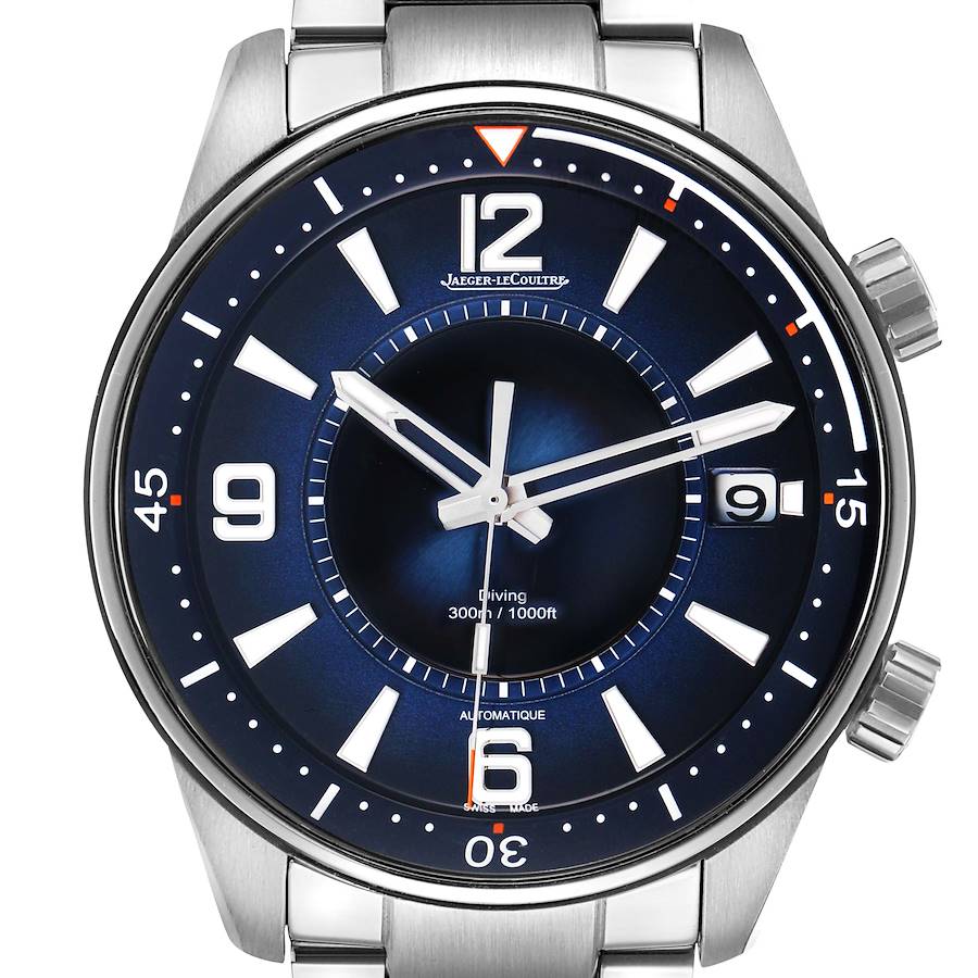 The Jaeger LeCoultre Polaris Q9068180 / 842.8.A0.S Men's Stainless Steel Blue Dial watch is shown from a front view, highlighting its dial, hands, and bracelet.