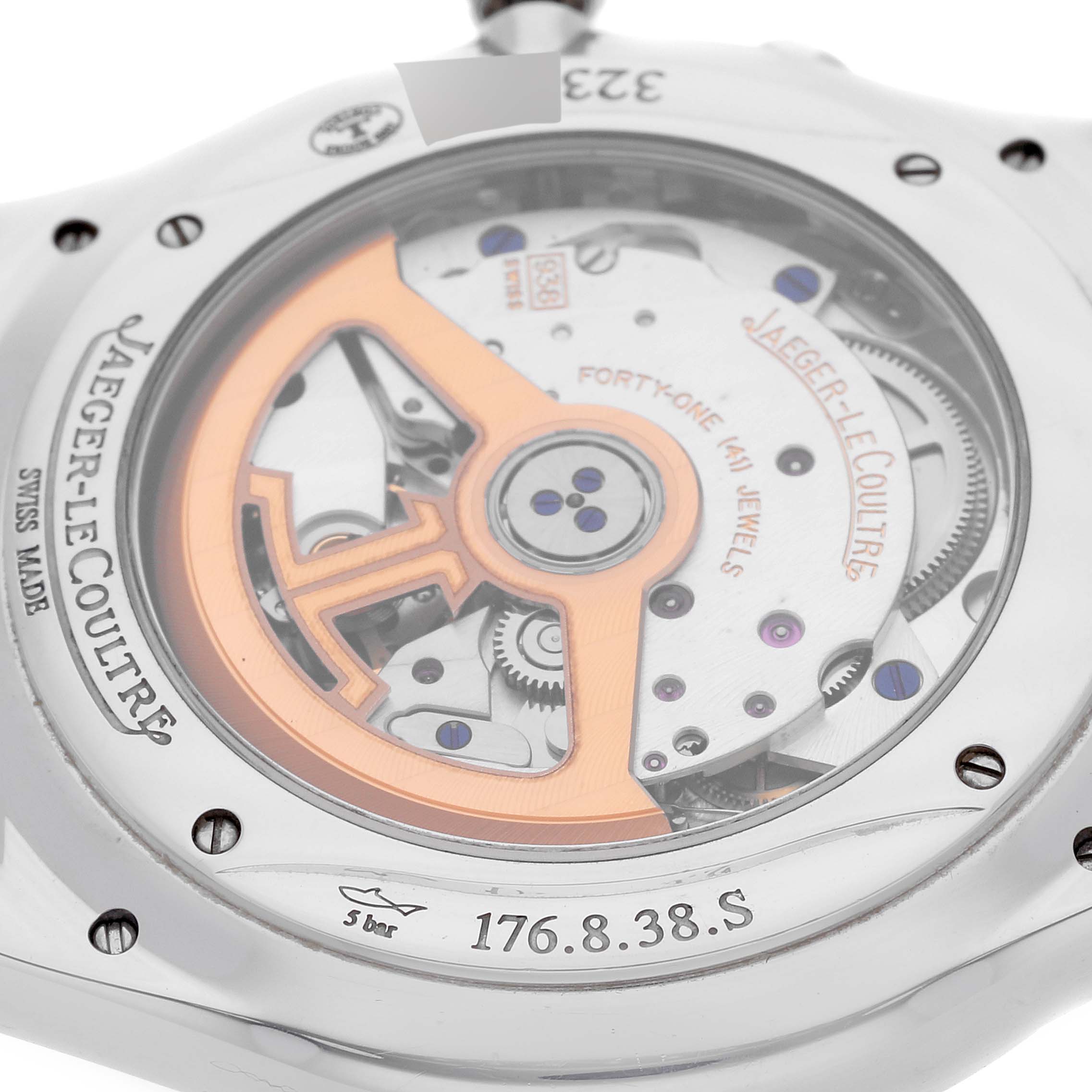 This close-up shot of the Jaeger-LeCoultre Master model shows the watch's transparent case back and internal movement.